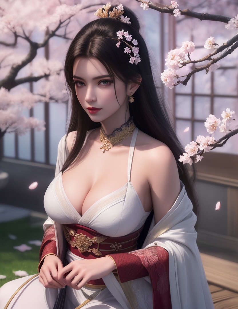 ultra realistic 8k cg, picture-perfect face, flawless, clean, masterpiece, professional artwork, famous artwork, cinematic lighting, cinematic bloom, perfect face, beautiful face, fantasy, dreamlike, unreal, science fiction, huge breasts, beautiful clothes, lace, lace trim, lace-trimmed legwear,  (rich:1.4), prestige, luxury, jewelry, diamond, gold, pearl, gem, sapphire, ruby, emerald, intricate detail, delicate pattern, charming, alluring, seductive, erotic, enchanting, hair ornament, necklace, earrings, bracelet, armlet,halo((,1girl, pov,))(((cherry_blossoms, branch, 1girl, tree, spring_\(season\), solo, petals, black_hair, japanese_clothes,looking at viewer, )))     <lora:DA_YueYaoMenswear:0.6>