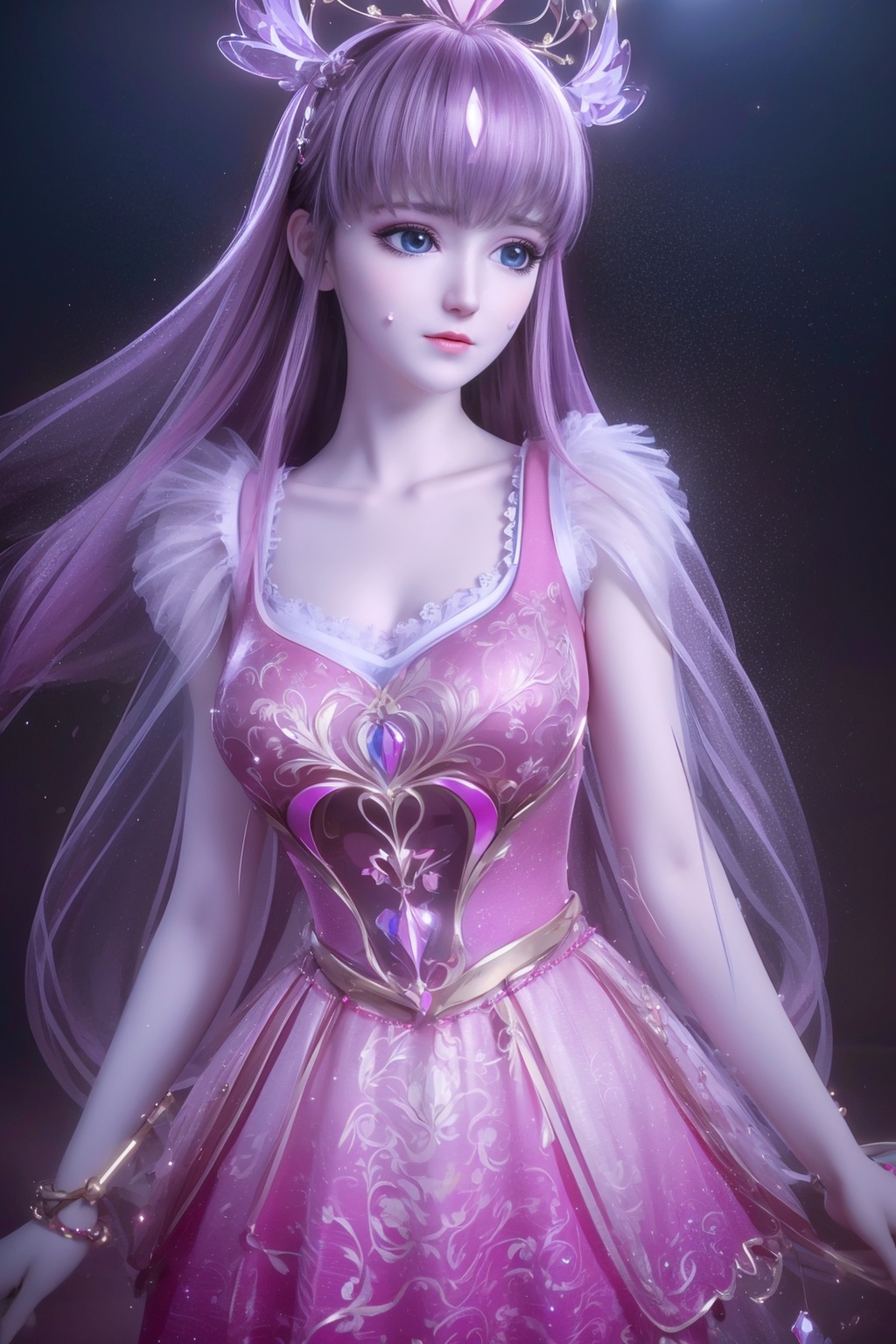 (8k, RAW photo, best quality, masterpiece:1.2),(super realistic, photo-realistic:1.3),ultra-detailed,extremely detailed cg 8k wallpaper,hatching (texture),skin gloss,light persona,(crystalstexture skin:1.2),(extremely delicate and beautiful),ultra-high resolution,surrealism,fantastical verisimilitude,fantastical creation,thriller color scheme,surrealism,abstract,psychedelic,1girl,solo,pink dress,yll-hd,ll-hd,<lora:0605叶罗丽:0.8>,<lora:1111白皙质感:0.5>,ty-hd,<lora:0110田野:0.6>,