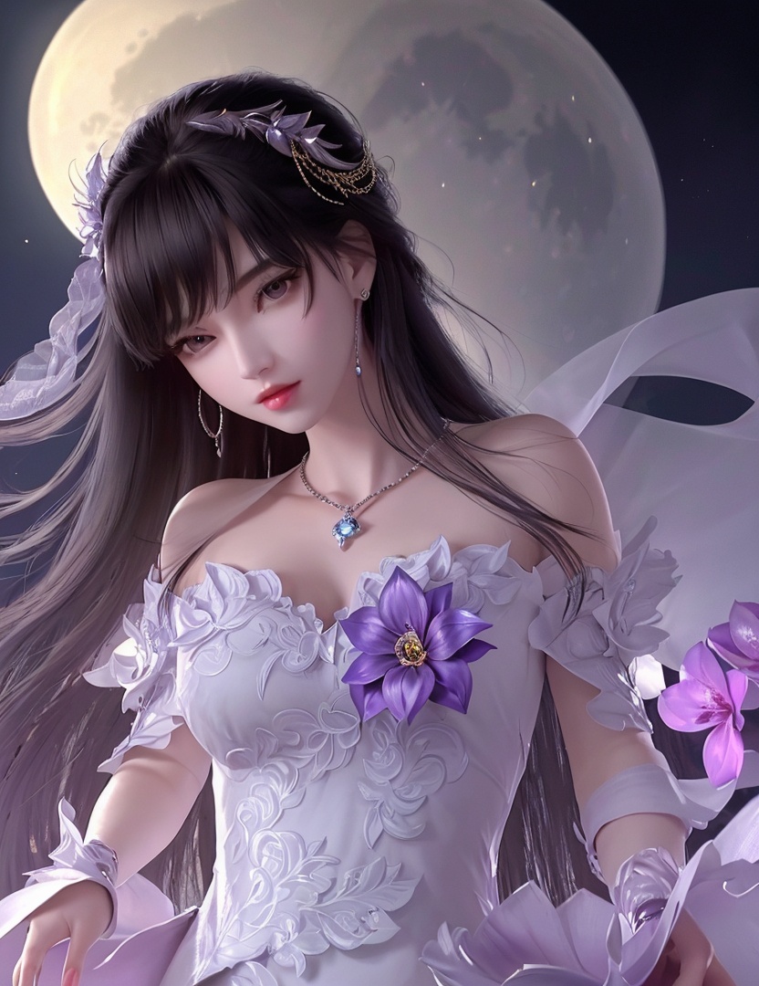 ultra realistic 8k cg, picture-perfect face, flawless, clean, masterpiece, professional artwork, famous artwork, cinematic lighting, cinematic bloom, perfect face, beautiful face, fantasy, dreamlike, unreal, science fiction,   lace, lace trim, lace-trimmed legwear,  (rich:1.4), prestige, luxury, jewelry, diamond, gold, pearl, gem, sapphire, ruby, emerald, intricate detail, delicate pattern, charming, alluring, seductive, erotic, enchanting, hair ornament, necklace, earrings, bracelet, armlet,halo((,1girl, pov,))(((1girl, jewelry, solo,, breasts, , looking_at_viewer,  outdoors,  full moon,  upper body,  purple flower, )))    <lora:DA_YueChanTeen:0.7>