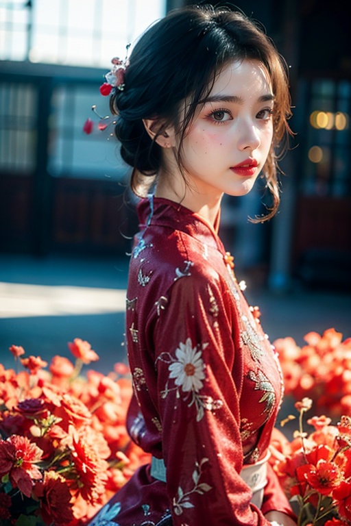 masterpiece,ultra high res,realistic,finely detail,extremely detailed,1girl,solo,brown_hair,black_hair,hair_ornament,brown_eyes,jewelry,(full body:1.3),flower,earrings,hair_bun,blurry,from_side,chinese_clothes,looking_up,freckles,standing,lipstick,red_lips,makeup,lips,film grain,film overlay,morning glow,pastel sky,cool tones,sun rays,soft light,dress,cowboy shot,
