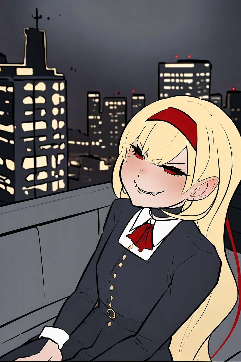 1girl,wsdxj,solo,ojousama,age regression,red headband,red bowtie,cuteg,(imp:0.9),evil atmosphere,highres,ruins,cityscape,