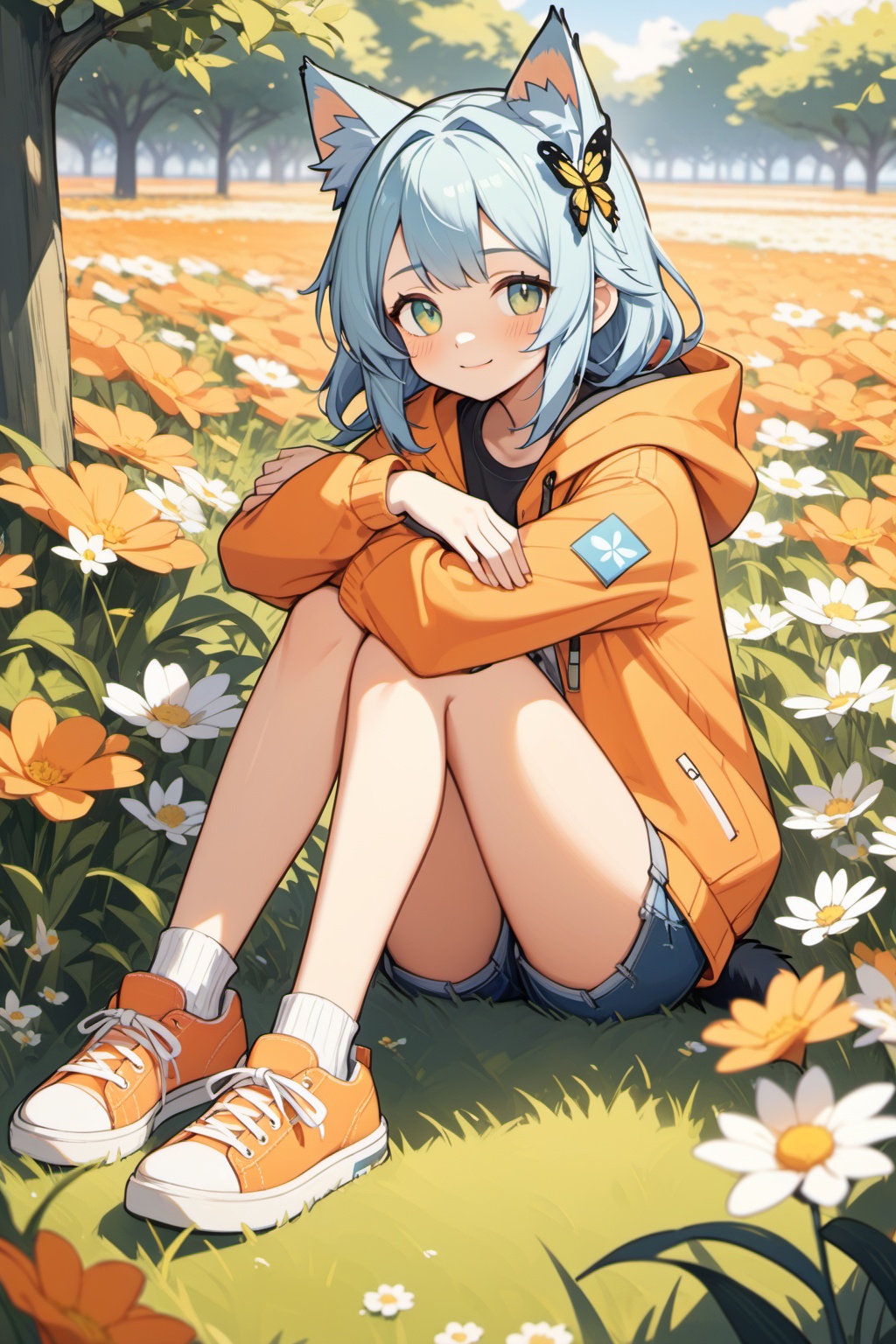 1girl,rosmontis \(arknights\),cat ears,tail,casual,denim shorts,crew neck shirt,orange hooded jacket,sleeves rolled up,flower field,grass,butterfly,sitting,sneakers,sunlight,hugging own legs,light smile,, masterpiece,best quality,very aesthetic,absurdres,