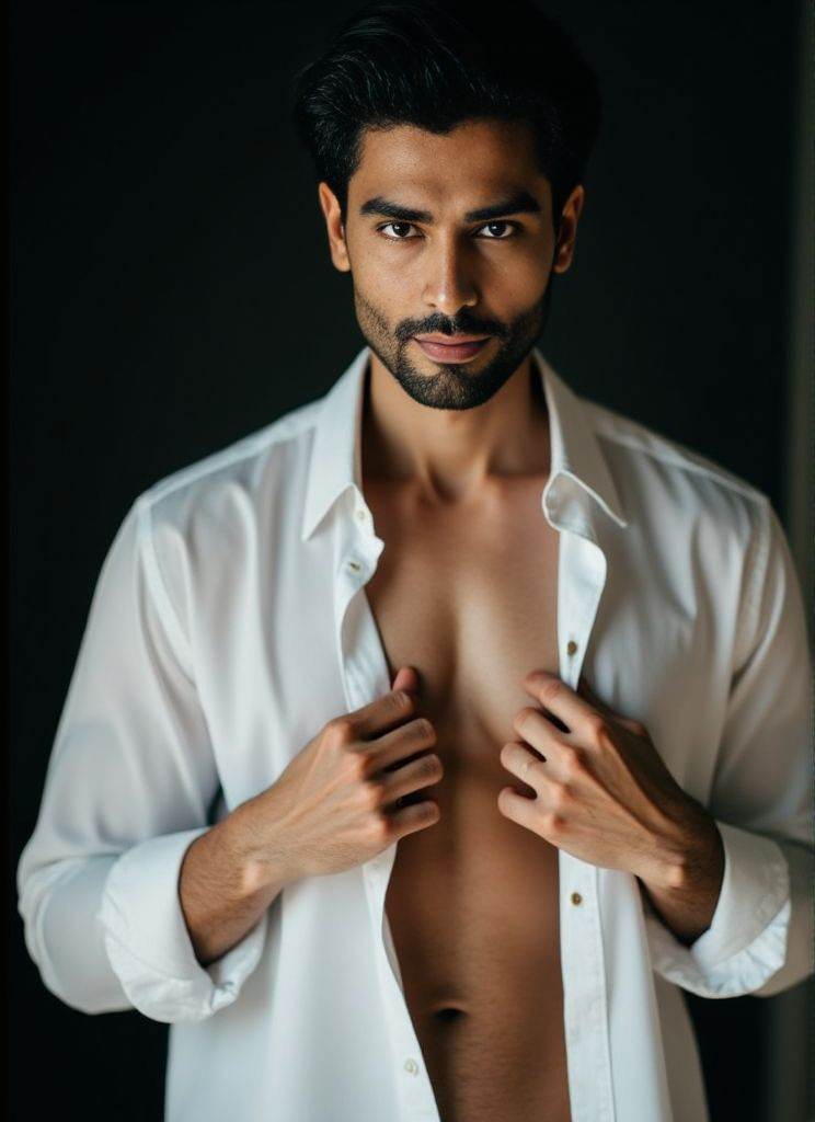 Rohit Khandelwal ,  Photorealistic . sheer white shirt half‑removed. intricate fabric textures. dramatic studio lighting....