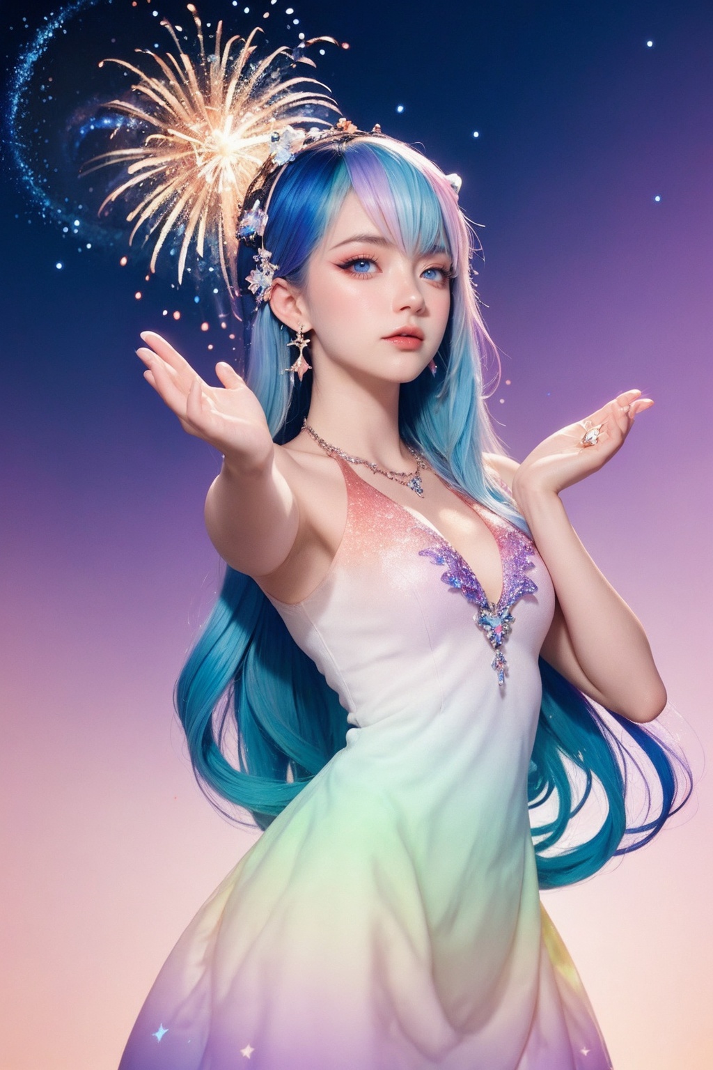 1 girl, Aurora, Blue Eyes, (Colorful Gradient Hair: 1.5), Dynamic Pose, Constellation, Constellation Print, Dress, Crystal Girl, Crystal, Colorful Crystal, Crystal Headwear, Crystal Necklace, Earrings, Fireworks, Galaxy, Blinking, Hat, Jewelry, Light Particles, Light, Light Traces, Long Hair, Sparkling, Sparkling Background, Starry sky, super long hair,