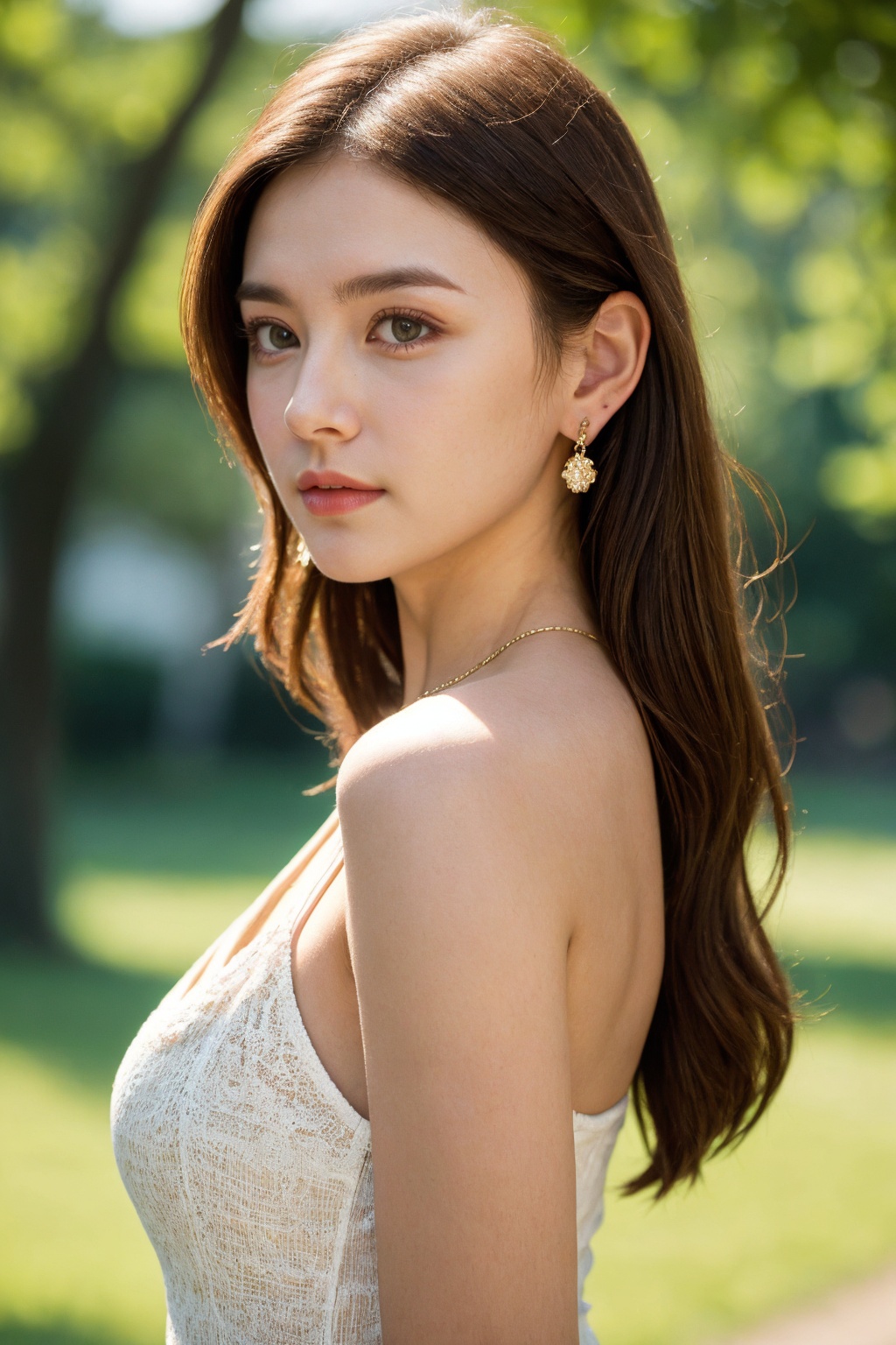 1girl, jewelry, solo, earrings, realistic, long hair, looking at viewer, blurry background, blurry, outdoors, brown hair, lips, photorealistic, upper body, day, from side, sleeveless, nose, depth of field, necklace, breasts, tree, dress, white dress, looking to the side, medium breasts, sunlight, bare shoulders, closed mouth