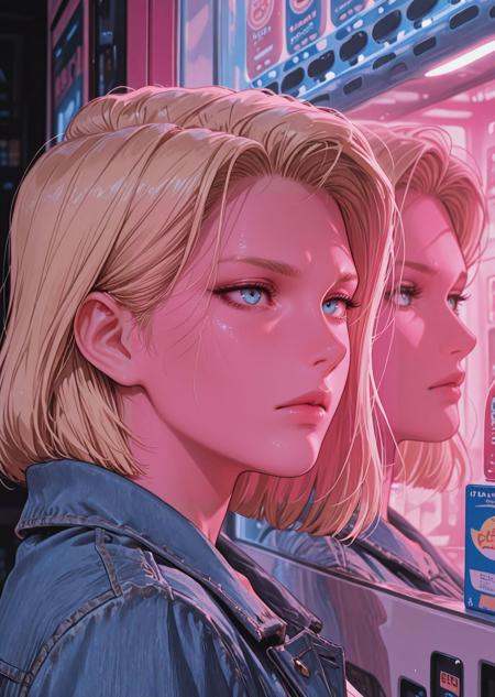 masterpiece, best quality, amazing quality, very aesthetic, masterpiece, best quality, amazing quality, very aesthetic, detailed eyes, perfect eyes, realistic eyes, (reflection:1.2), BREAK, android 18, leaning her back against a vending machine, denim jacket, serious face, neon pink theme, face focus, close up<lora:RSTHTC_Style__Illustrious:.8>