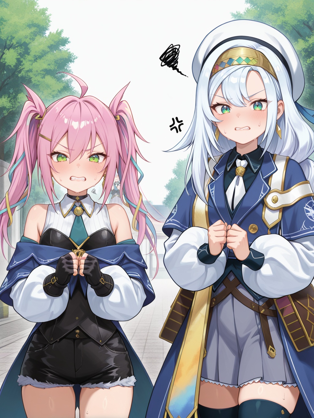 2girls,  white background,  clenched hands on Tensor.Art