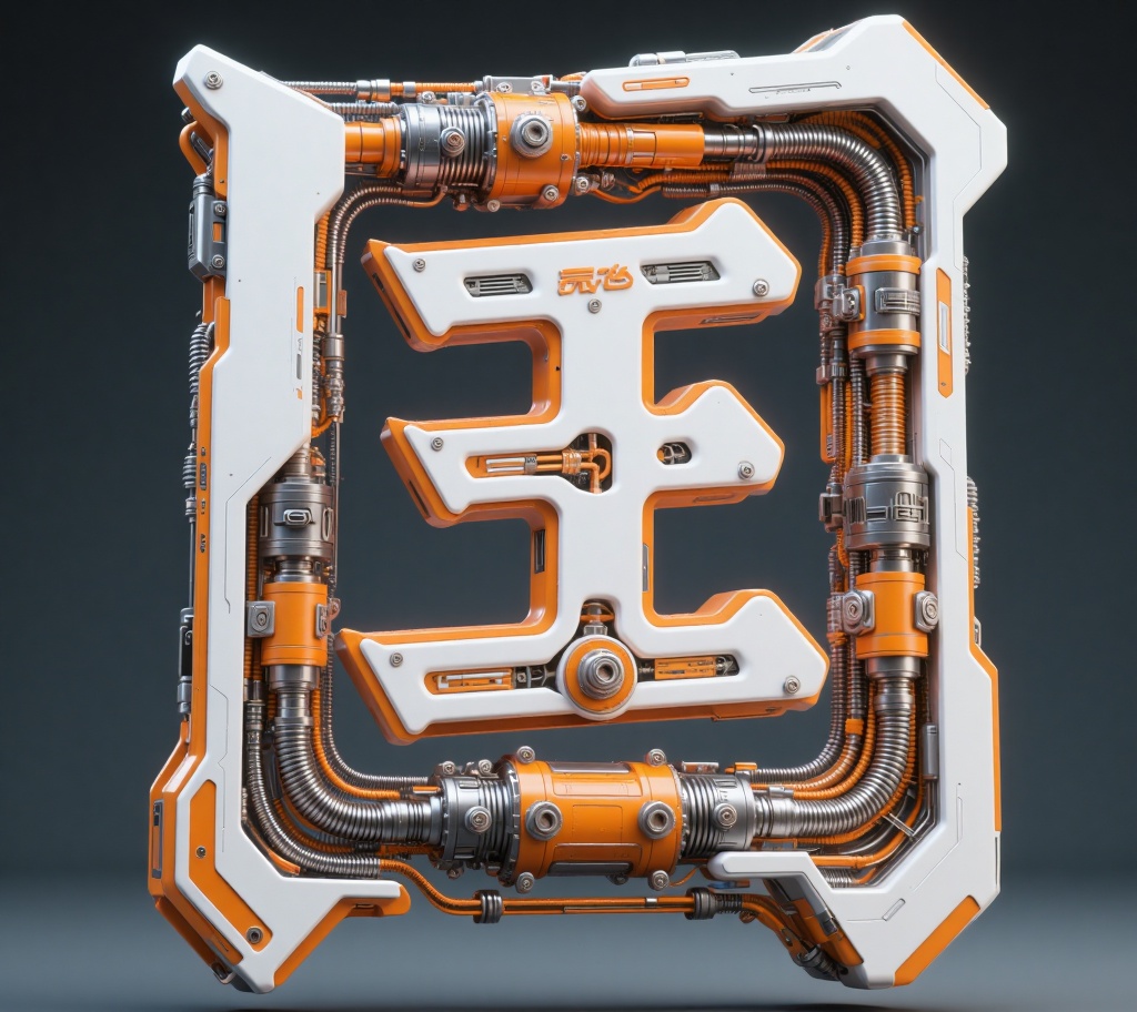 beijihui,The 3D structure of the Chinese character "Guo," the stroke structure is a power engine structure, composed of cables, bolts, hydraulic devices, with complex mechanical details, the font shell is white and orange metal material, sci-fi hard surface design, future technology sense, future mechanical style, industrial mechanical aesthetics, high-definition realistic rendering, solid color background, photographic level lighting, Octane rendering.