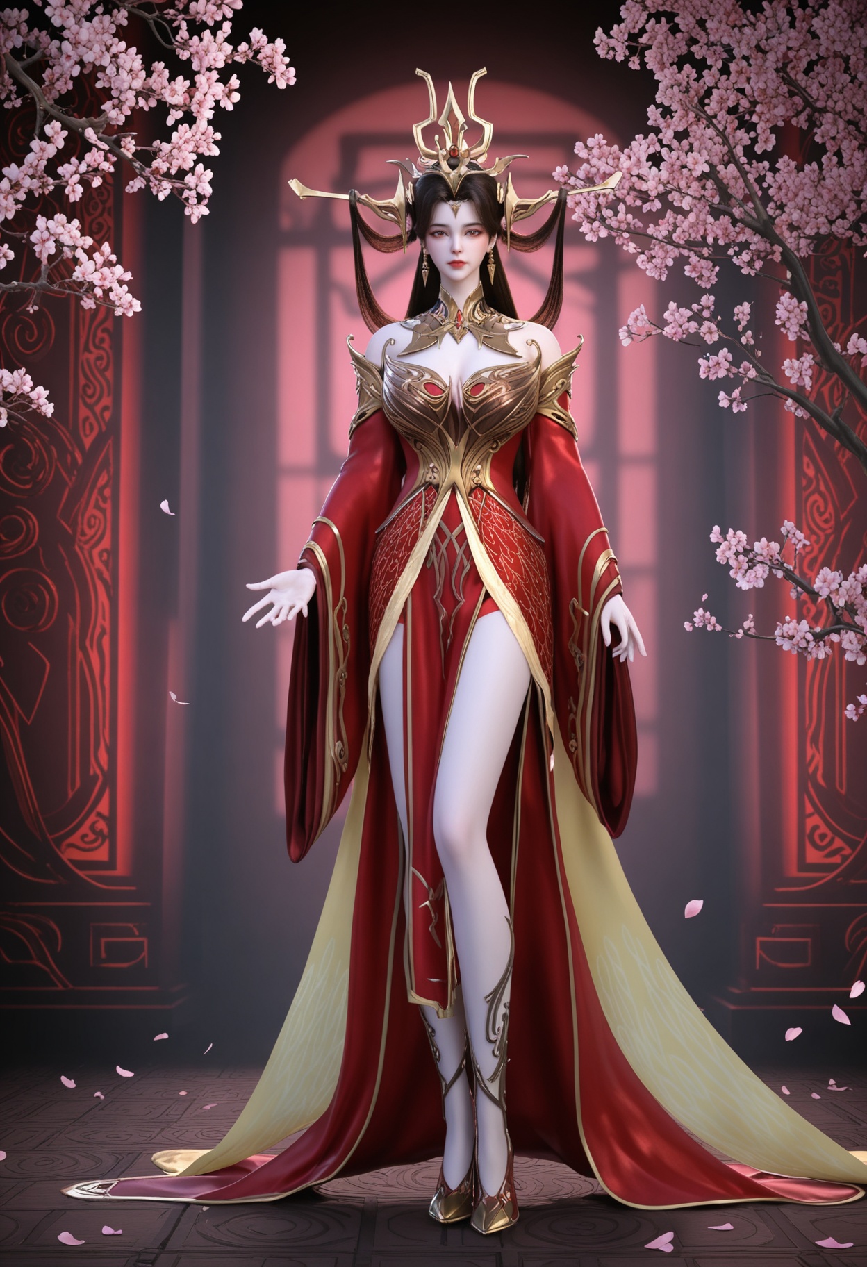 (standing full_body:1.1),(looking at viewer:1.1),masterpiece,(best quality),smog,Dark room,dim lighting,peach blossom,falling petals,<lora:YQ_Illustrious光辉v5_朱雀若天_V1:0.8>,q1528437228,1girl,solo,long hair,hair ornament,jewelry,earrings,brown hair,black hair,dress,red dress,detached sleeves,detached collar,red eyes,long sleeves,brown eyes,collar,metal collar,wide sleeves,blue eyes,high heels,hair rings,chinese clothes,headgear,forehead mark,