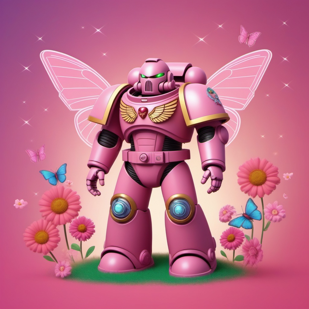 a pink spacemarine robot,  cute fantasy background,  rainbow on Tensor.Art