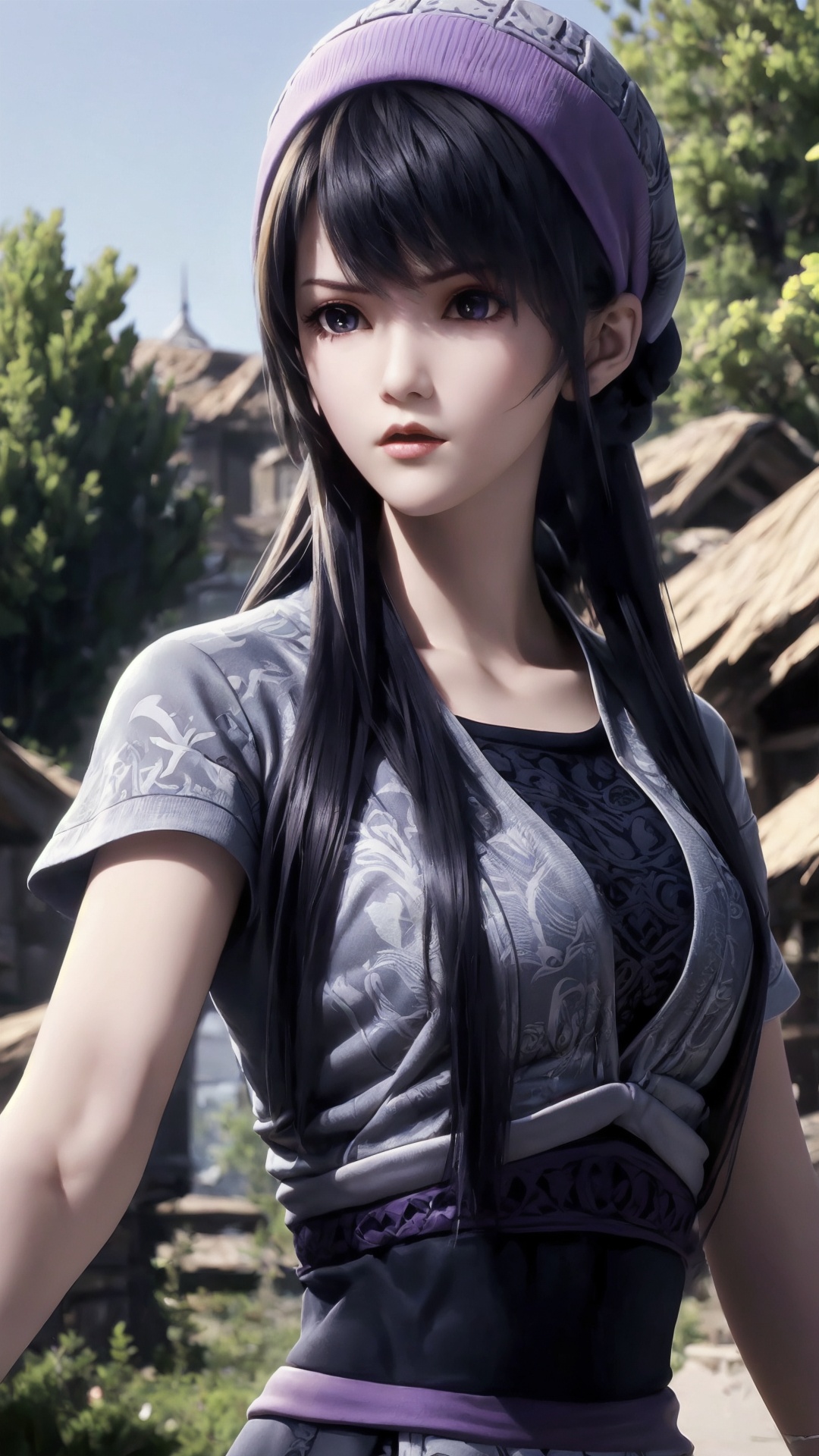 The image is a close-up portrait of a young woman with dark hair and a purple hat. She is wearing a black and gold outfit with intricate patterns and designs. The woman is holding a sword in her right hand and appears to be ready for battle. She has a serious expression on her face and is looking directly at the camera. The background is blurred,but it seems to be an outdoor setting with trees and a blue sky. The overall mood of the image is intense and dramatic.,<lora:1.5端木蓉(4):0.8>,