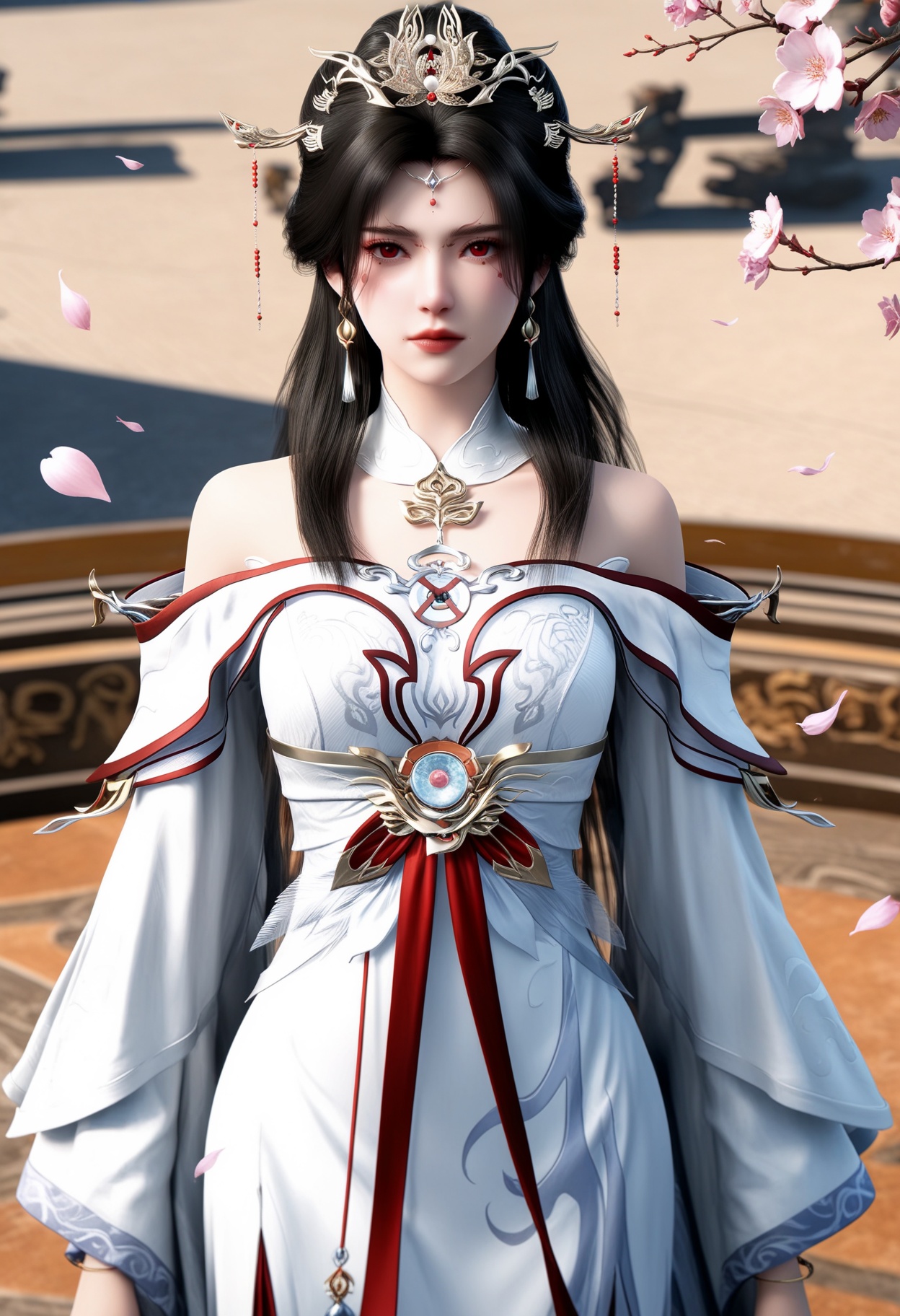 masterpiece,best quality,amazing quality,very aesthetic,high resolution,ultra-detailed,absurdres,scenery,photorealistic,(looking at viewer:1.1),upper body,(moody lighting:1.1),peach blossom,falling petals,(large breasts:0.8),yaoxixue,1girl,solo,long hair,black hair,jewelry,hair ornament,earrings,dress,bare shoulders,white dress,closed mouth,red eyes,tiara,facial mark,long sleeves,detached collar,forehead mark,hair bun,white footwear BREAK photorealistic details,<lora:QQSillyaoxixueV1:0.8>,