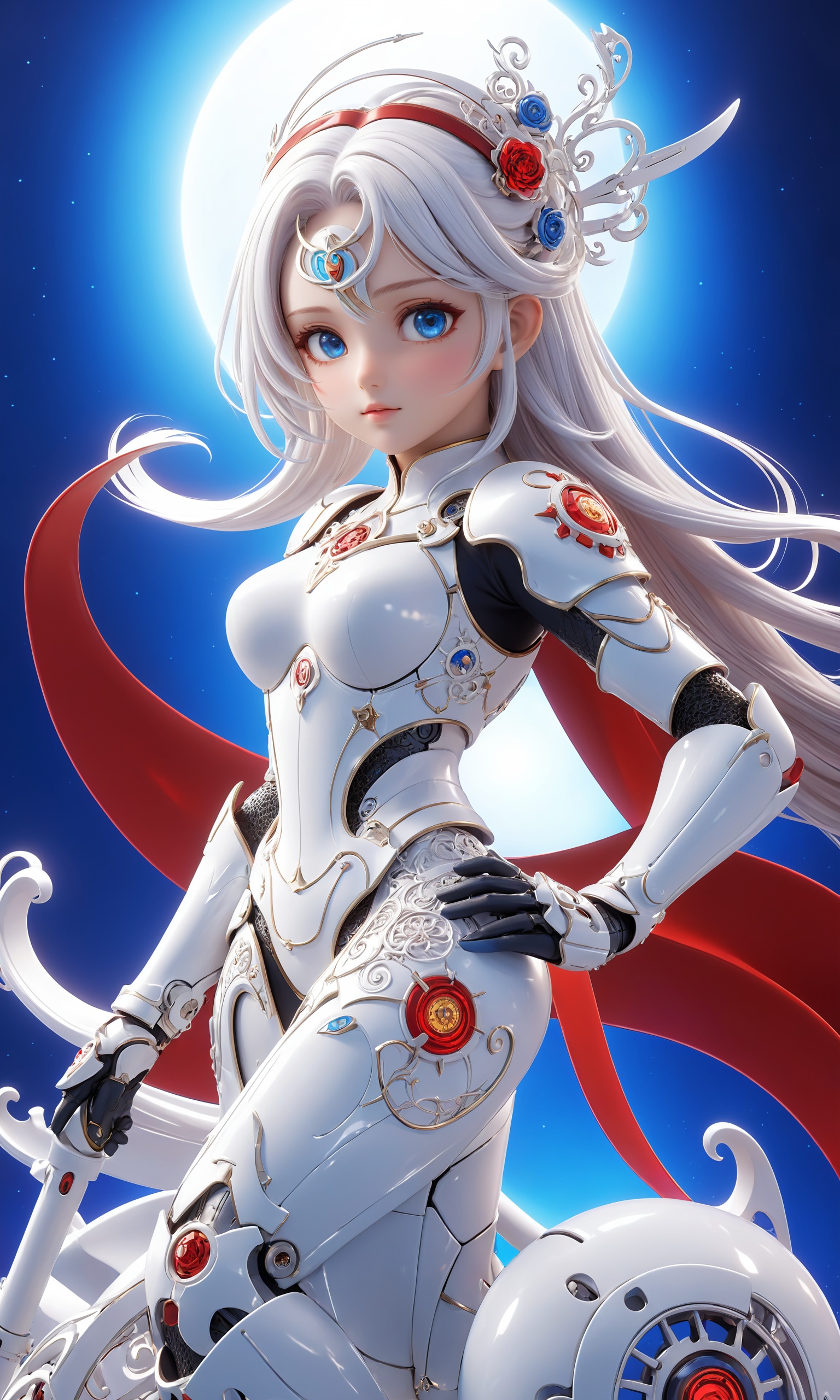 professional 3d model,anime artwork pixar,3d style,good shine,OC rendering,highly detailed,volumetric,dramatic lighting,front_view,(1girl,looking at viewer),long white hair,mechanical white armor,intricate armor,delicate blue filigree,intricate filigree,red metalic parts,detailed part,dynamic pose,beautiful colorful background,very beautiful,masterpiece,best quality,super detail,anime style,key visual,vibrant,studio anime