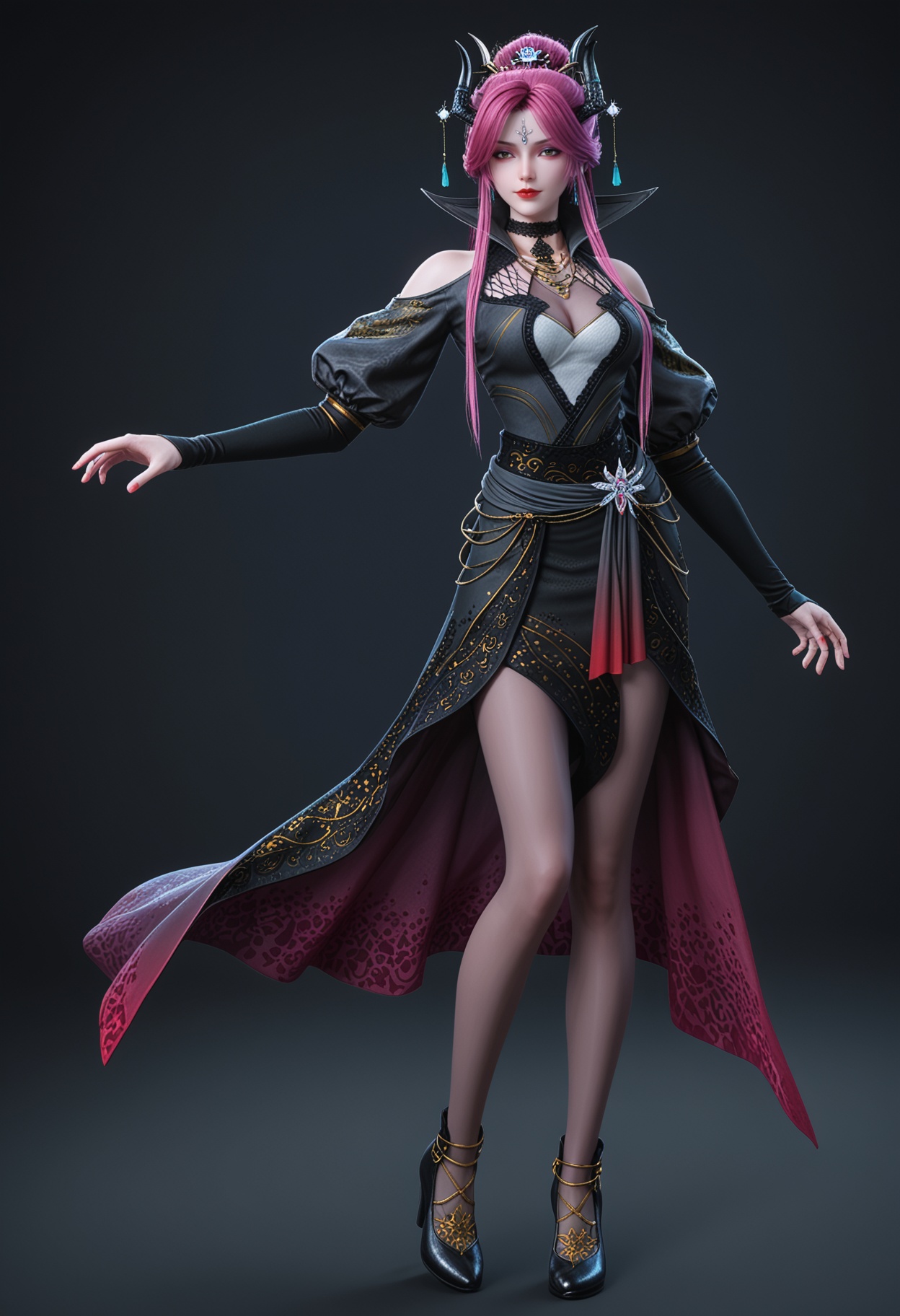 (standing full_body:1.1),score_9,score_8_up,masterpiece,(best quality),intricate details,facing viewer,(looking at viewer:1.1),<lora:YQ_pony_manluo_V4:0.8:lbw=0.2,1,0.8,1,1,1,1,1,1,0.8,0.8,0>,black pantyhose,pantyhose,q1528437228,1girl,solo,long hair,pink hair,jewelry,horns,hair ornament,earrings,choker,dress,makeup,necklace,red lips,red hair,purple hair,black dress,forehead mark,black high heels,yellow eyes,high collar,black choker,brown eyes,hair bun,hair over one eye,long sleeves,puffy sleeves,eyeshadow,BREAKscore_9,score_8_up,masterpiece,(best quality),perfect anatomy,(hourglass),perfect face,(simple background,pure black background,black background:1.1),fair_skin,shiny_skin,Ivory_skin,