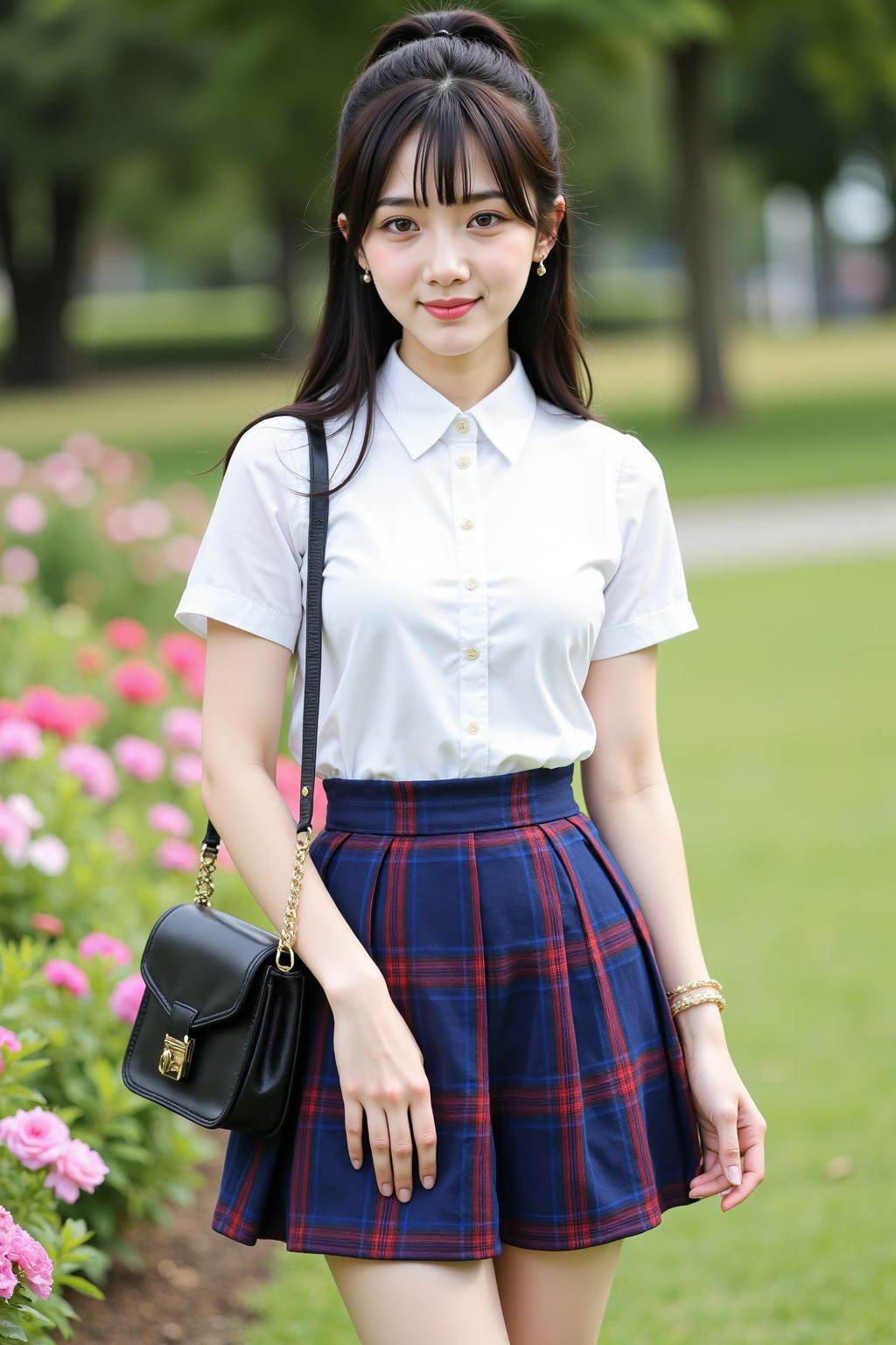 The image is a high-resolution photograph the subject is a young cute girl with fair skin, straight black hair styled in a high ponytail framing her face. She has a slender physique and is wearing a traditional clothes, short-sleeved blouse with a collar and a blue pleated skirt with a red plaid pattern. Her skirt is short, reaching just above her knees, and she carries a black leather handbag on her left shoulder.The woman's expression is neutral, with a slight smile, and she is looking directly at the camera. Her makeup is subtle, featuring light eyeshadow, mascara, and pink lipstick. She has a delicate bracelet on her right wrist.The background is on the grass in the park, with a lot of colorful flowers blooming next to it.