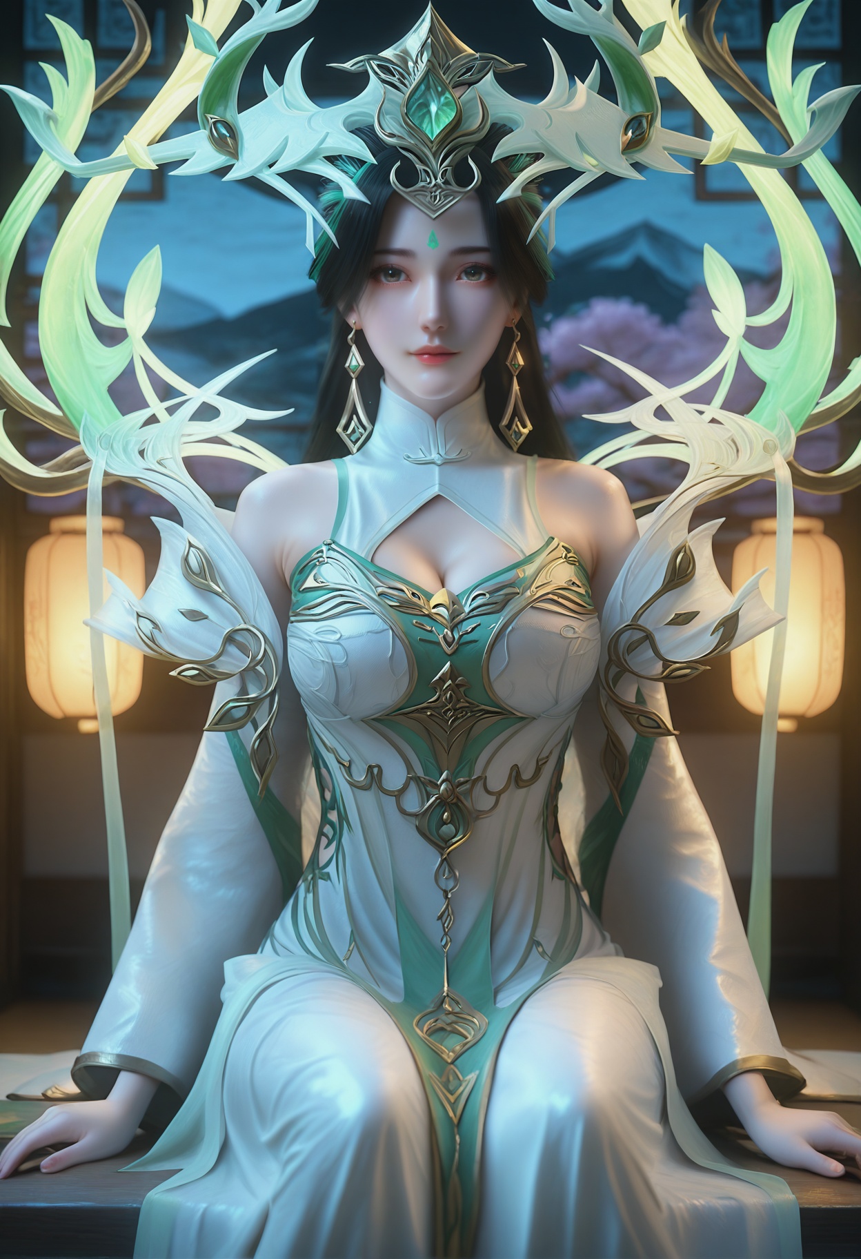 Liu_shen,1girl,long hair,black hair,hair ornament,dark background,earrings,jewelry,facial mark,forehead mark,green hair,bare shoulders,streaked hair,multicolored hair,<lora:Liu_shen_10_illu-000008:0.75>,dress,white dress,long sleeves,cleavage cutout,chinese clothes,wide sleeves,photorealistic,hyperrealistic,<lora:realistic filter [IL]:1>,looking at viewer,(pale skin:0.9),sitting,lantern,open window,looking at viewer,indoors,mountains,blossoms,flowers,east asian architecture,beautiful sunrise,warm ambient temperature,