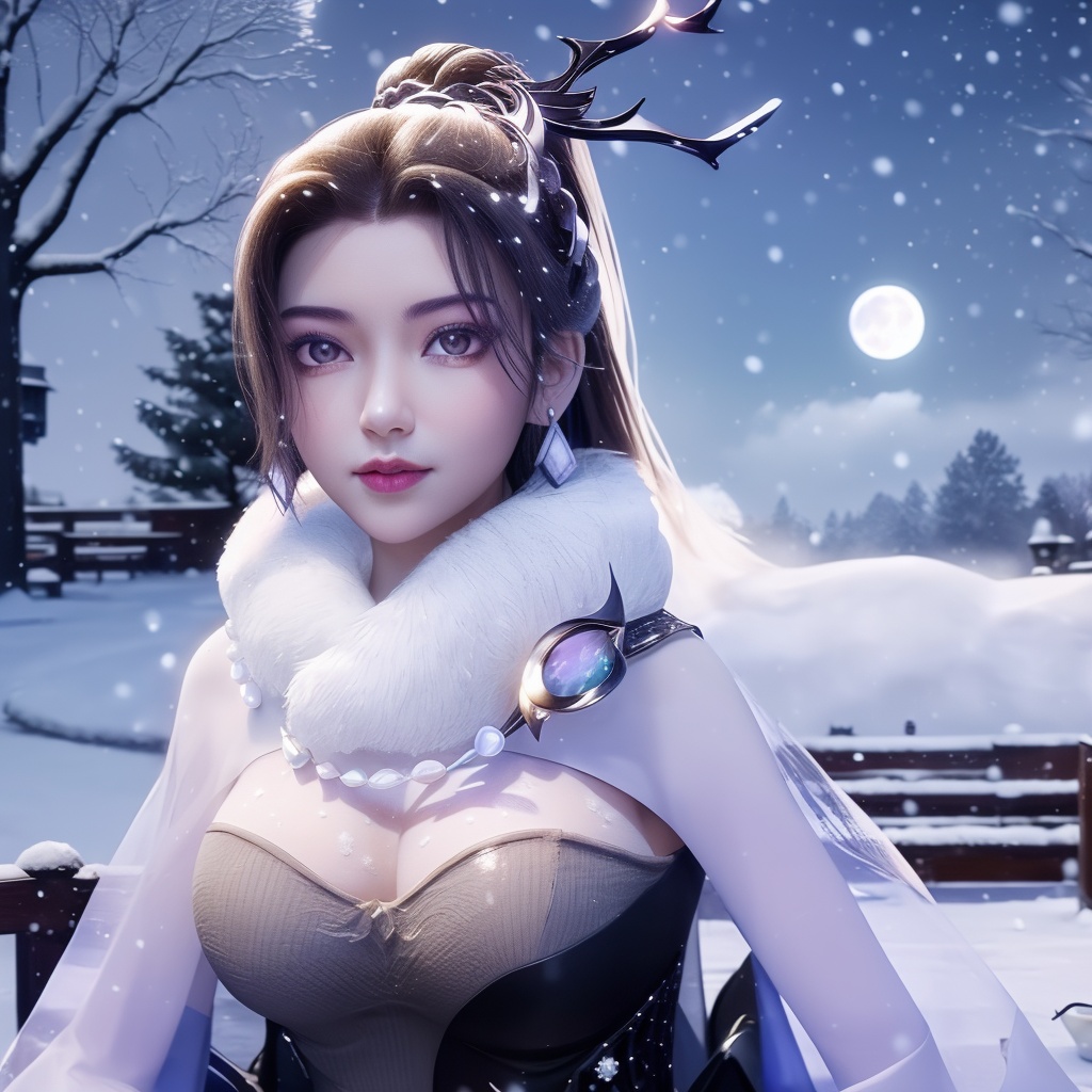 <lora:783-DA-万界至尊-李雪衣-毛领:0.8>, (,1girl, ,best quality, ),looking at viewer,  ultra realistic 8k cg, picture-perfect face,   clean, masterpiece,     cinematic lighting, cinematic bloom, fantasy,  , unreal, science fiction, ((,1girl, pov,))(((,tree, 1girl, full moon,snowing,snow ,solo,     solo focus,  long_hair, looking_at_viewer,  )))  (rich:1.4,)     prestige, luxury, jewelry, diamond, gold, pearl, gem, sapphire, ruby, emerald, intricate detail, delicate pattern, charming, alluring, seductive, erotic, enchanting, hair ornament, necklace, earrings, bracelet, ,