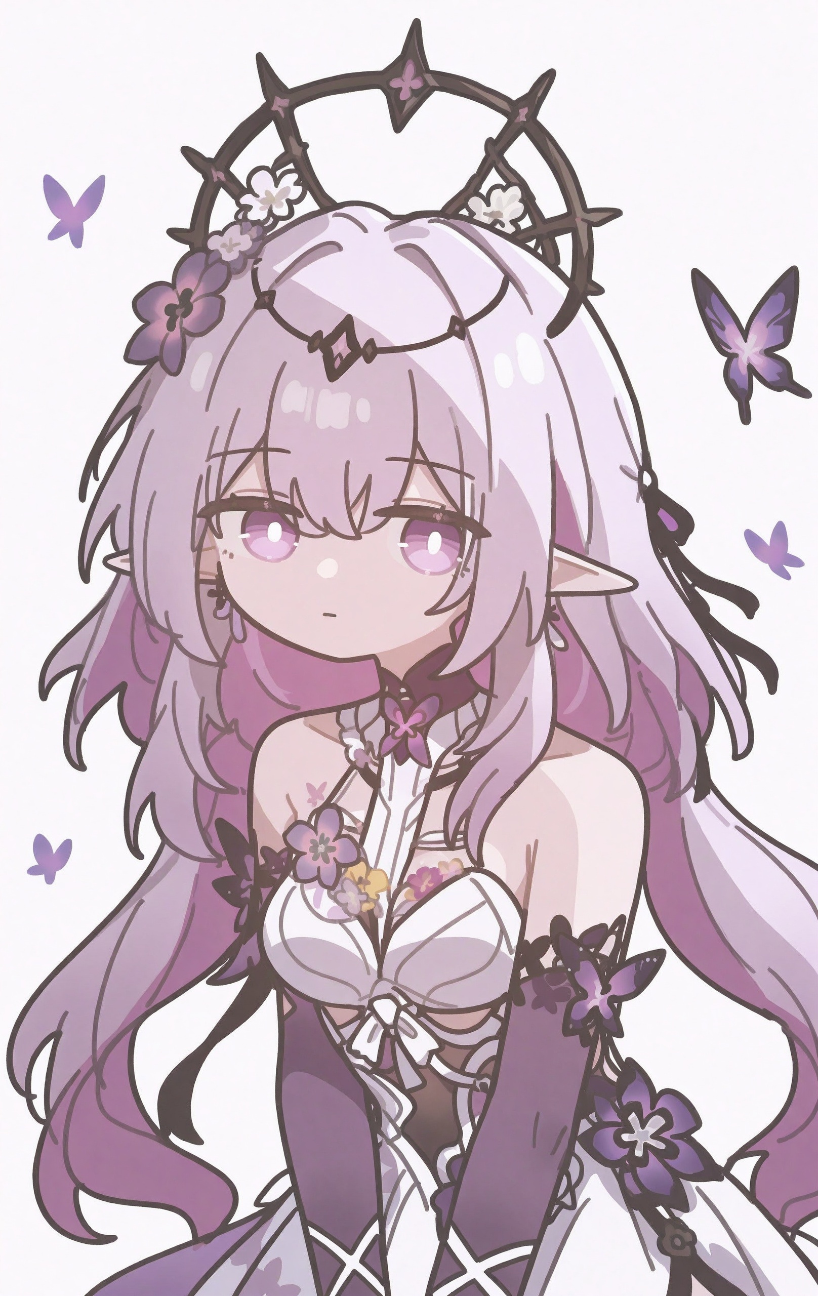 castorice \(honkai: star rail\),artist:banbon,masterpiece,best quality,good quality,newest,year 2024,year 2023,very aesthetic,absurdres,Visual impact,A shot with tension,ultra-high resolution,32K UHD,sharp focus,best-quality,masterpiece,Emotionalization,unconventional supreme masterpiece,masterful details,temperate atmosphere,with a high-end texture,in the style of castorice \(honkai: star rail\),bright pupils,butterfly,bare shoulders,breasts,1girl,bug,closed mouth,dress,elbow gloves,flower,gloves,hair flower,hair ornament,long hair,looking at viewer,pointy ears,purple butterfly,purple eyes,purple flower,purple gloves,purple hair,artist:rekka shinai,simple background,solo,very long hair,white background,white dress,white pupils,