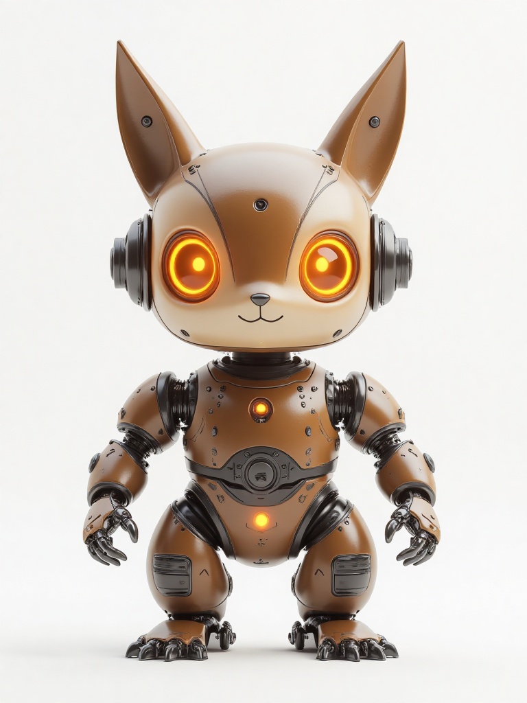 HIRO,A highly detailed CGI rendering of a cute, anthropomorphic squirrel robot with large, glowing orange eyes, brown and light brown body, and sleek, futuristic design. The robot has a small, rounded head with squirrel ears, and a smiling expression. It stands against a plain white background, showcasing its advanced, mechanical limbs and joints.