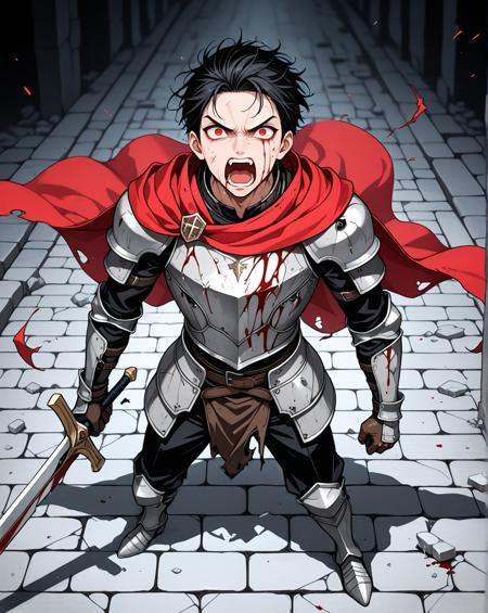 masterpiece, best quality, very aesthetic, newest, absurdres, 1man, holding sword, short black hair, red eyes, looking up at viewer, standing, stone floor, (damaged armor:1.2), knight armor, red cloak fluttering in the wind, black pants, depth of field, yelling, angry, full body, front view, foreshortening, power stance, bleeding, blood