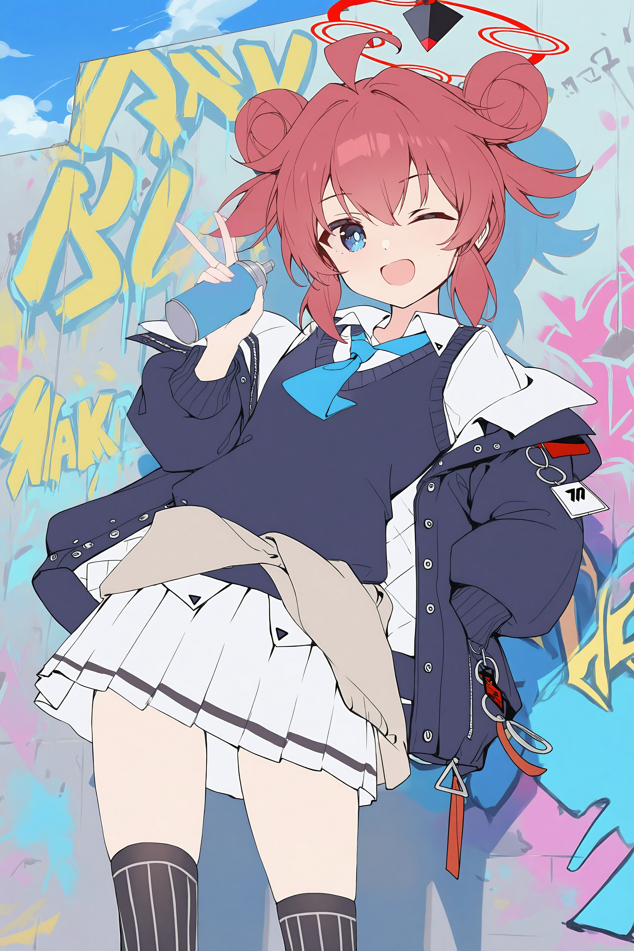 <lora:nai4zhengliu-ckxl0.2_v1-000071:0.9>,high resolution,aesthetic,excellent,medium resolution,maki\(blue archive\),1girl,solo,pink hair,short hair,double buns,ahoge,blue eyes,winking,one eye closed,smile,open mouth,standing,v sign,peace sign,holding,holding spray can,looking at viewer,school uniform,white shirt,collared shirt,blue necktie,blue sweater vest,navy blue jacket,oversized jacket,open jacket,white skirt,pleated skirt,striped skirt,sweater tied around waist,beige sweater,striped thighhighs,black thighhighs,halo,red halo,spray can,badge,pin,strap,graffiti,wall,colorful background,sky,outdoors,cloud,cowboy shot,english text,dynamic_angle,