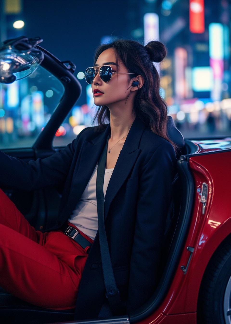 A stylish and trendy young South Korean woman sits in a sleek, low-slung sports car from the side view. She wearshigh-fashion street-style outfit with bold colors or minimalist patterns—perhaps wide-leg trousers or astructured skirt paired with an edgy oversized blazer and platform sneakers. Her face is partially obscured bydesigner aviator sunglasses, but her confident expression shines through, eyes gazing ahead as she drives.She is equipped with a wireless earpiece microphone for live performance or recording, integrated intothe scene seamlessly. The lighting emphasizes dramatic reflections off the car's metallic body and glass surfaces—shadows and highlights create an intense optical effect against the backdrop of a dynamic cityscape at night.The side angle captures her posture mid-maneuver, accentuating the curves of her body under the tight seatbelt, adding depth to the composition. Her hair is styled in soft waves or sleek buns fitting formodern urban chic. The overall aesthetic combines street style with automotive design elements—sharp lines andvibrant neon colors.Style: A cinematic concept art piece blending fashion photography, car culture imagery, and digital illustrationtechniques to showcase a strikingly glamorous performance artist on wheels during an evening drive.