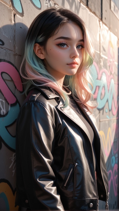 score_9, score_8_up, score_7_up, nsfw,stylized anime girl in black leather jacket, standing near graffiti wall, muted background tones, pastel highlights in hair, natural lighting, glossy eyes, confident pose, realistic shadows, city ambience, expressive but grounded
