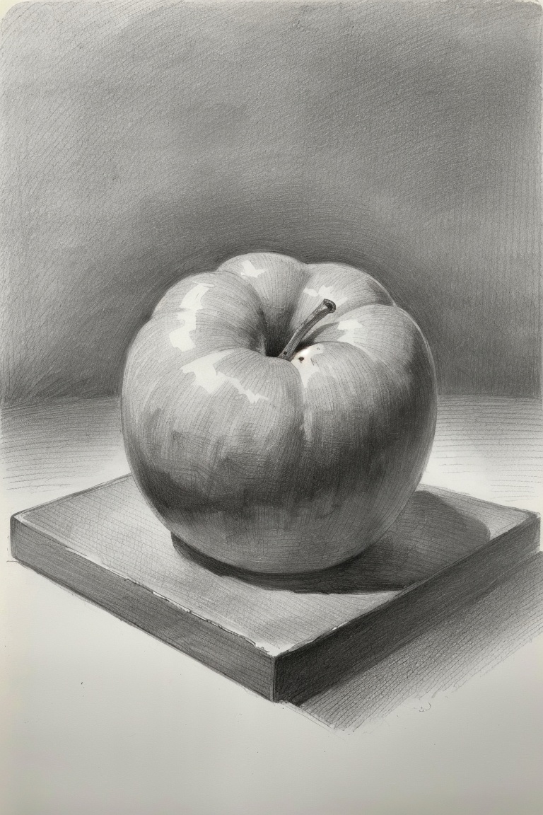 ((HRD, HUD, 8K)),((masterpiece, best quality)), highly detailed, photo_\(medium\),no humans, food, apple, Sketch,monochrome, greyscale, traditional media, signature, graphite (medium), simple background, <lora:20240218-1708223770681:0.5>