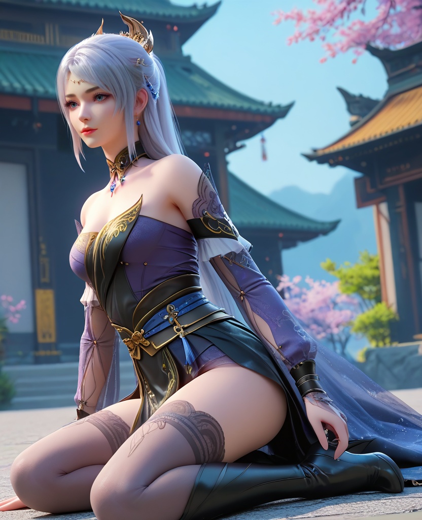 (oriental architecture, elegant decor, sophisticated style:1.1),thigh straddling,(breasts:1.2),<lora:XL16大主宰洛璃:0.95>,miss luoli,purple short dress paired with black peplum overskirt,blue eyes,white hair,long hair,half-up ponytail with long cascading hair,hair ornament,detached collar,jewelry,sash,black high heel boots,, zPDXL2, score_9, score_8_up, score_7_up BREAK realistic, masterpiece,best quality, highly detailed,, zPDXL3, zPDXL2,zPDXL, zPDXLxxx, zPDXLrl,