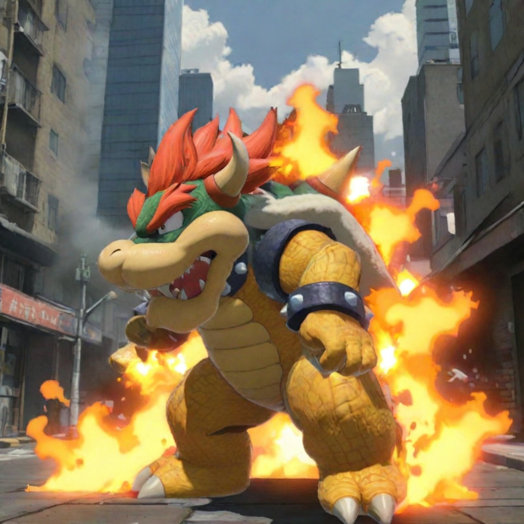 Bowser breathing fire in city. Anime style on Tensor.Art