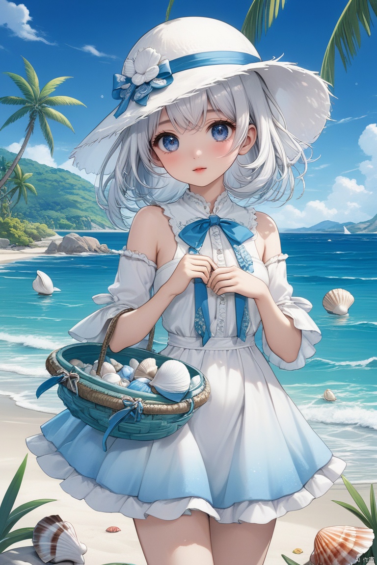 (masterpiece), (best quality), Exquisite visuals, high-definition, (ultra detailed), finely detail, ((solo)), (white Silver hair), (gradient Blue), (beautiful detailed eyes), Kawai, loveliness,standing, ((full body)),a  shell with short white hair, anthropomorphic shells, wearing a white shell outfit and a swimming ring. (((Shell clothes and hats))).The environment is next to the beach, with coconut trees and many seashells on the beach