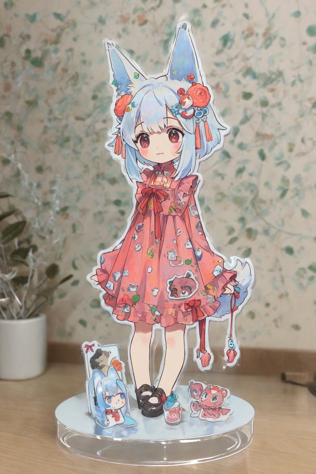 1girl, cocoart, high score cocoart, animal girl, animal ears, acrylic stand,blur,hair ornament,drawing on object,drawing on acrylic stand,