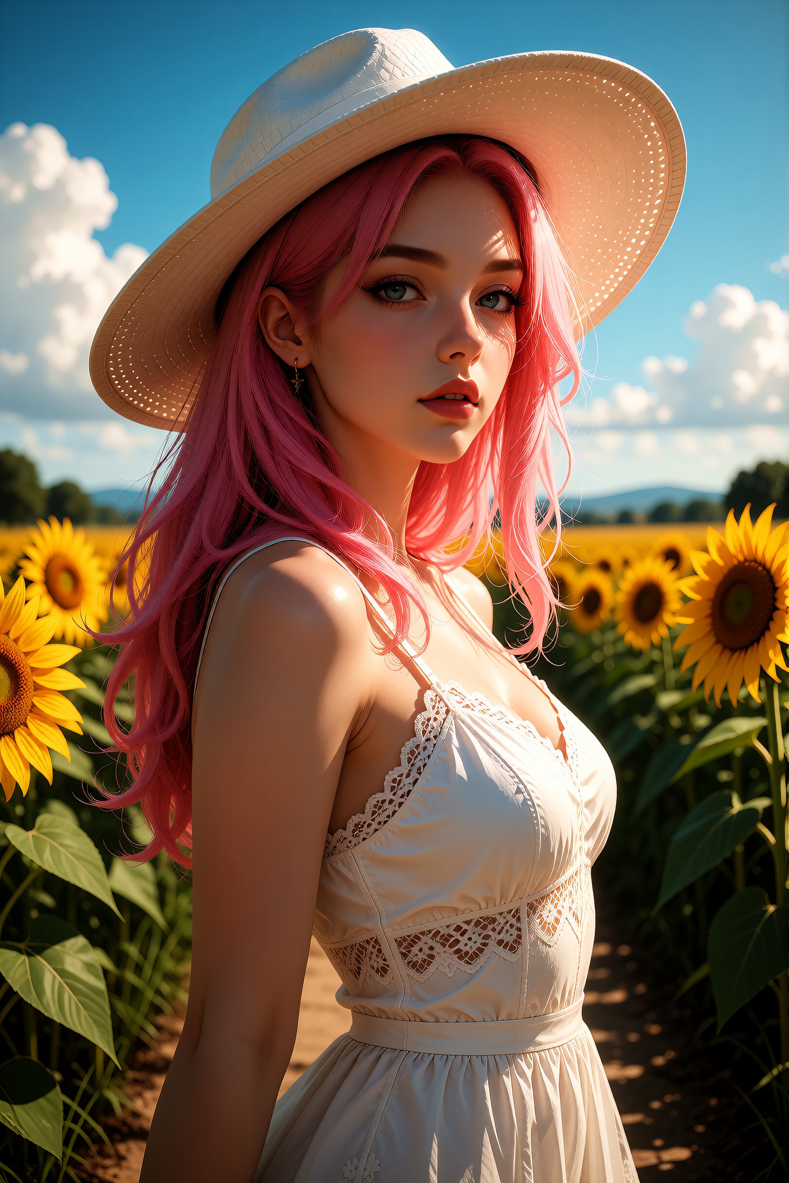A beautiful ***** woman with long pink hair,  wearing a white dress and a wide-brimmed hat,  standing in a field of sunflo...