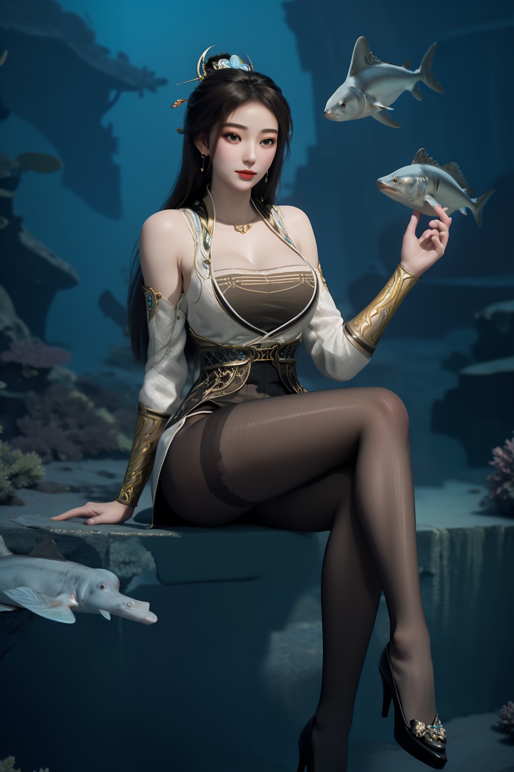 1girl,underwater,submerged,floating hair,air bubble,holding breath,see-through,masterpiece,best quality,highly detailed,fish,(wide hip:1.2),jellyfish,earrings,hair ornament,sea weed,coral reef,shark,sea turtle,sexy pose,chinese dress,chinese clothes,huge breasts,black pantyhose,(looking at viewer:1.2),sitting,(spread legs),perfect cameltoe,(torn pantyhose),