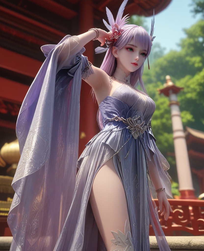 (oriental architecture, elegant decor, sophisticated style:1.1),(Standing, arms raised to the sides, palms up,:1.1),(breasts:1.2),<lora:XL16克金玩家林紫玥:0.95>,miss linziyao,lavender dress,green eyes,decorative left eye foils,lilac hair,long hair,hair ornament,bare shoulders,detached sleeves,jewelry,sash,bracelet,white socks with embroidery,, score_9,score_8_up,score_7_up,score_6_up,score_5_up,score_4_up,3d rendering,tag1,tag2, Cinematic Lighting,backlighting,, zPDXL3, zPDXL2,zPDXL, zPDXLxxx, zPDXLrl,
