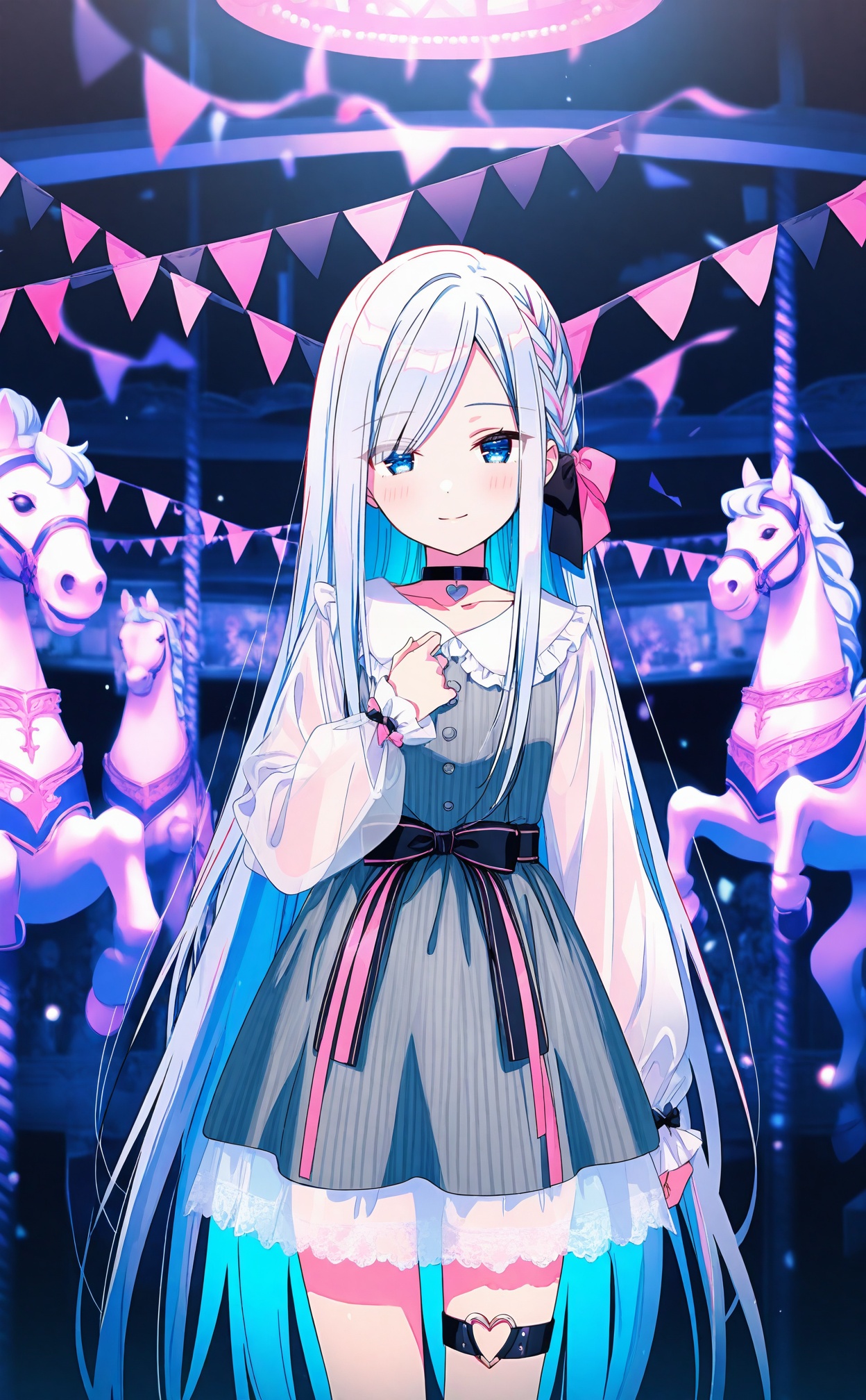 masterpiece,absurdres,best quality,loli,petite,high quality,chromatic_aberration,dark,black theme,//,long_hair, 1girl, dress, solo, picture_frame, yoisaki_kanade, choker, bow, long_sleeves, frills, blurry, looking_at_viewer, thigh_strap, very_long_hair, hand_up, pink_ribbon, white_dress, white_hair, pink_bow, hair_bow, collared_dress, ribbon, indoors, smile, cowboy_shot, closed_mouth, depth_of_field, lace_trim, collarbone, standing, frilled_dress, lace-trimmed_dress, arm_at_side, dot_nose, mannequin, purple_eyes, buttons, blurry_background, lace, parted_bangs, string_of_flags, short_dress, photo_\(object\), puffy_long_sleeves, grey_hair, swept_bangs, cross-laced_clothes, black_choker, official_alternate_hairstyle, eyes_visible_through_hair, shelf, light_blue_hair, straight-on, blurry_foreground, braid, collar, blue_hair, hair_ornament, light_smile, carousel, suspenders, center_frills, heart_o-ring, breasts, sidelocks, vertical-striped_dress, striped_dress, multicolored_hair, see-through, blue_eyes, pink_theme, straight_hair, frilled_sleeves, hand_on_own_chest, grey_dress, drawing_\(object\), puffy_sleeves, vertical-striped_clothes, streamers, sleeves_past_wrists, black_bow, frilled_shirt_collar, thighhighs//,<lora:degrees_25——【CKXL】hans:1>,