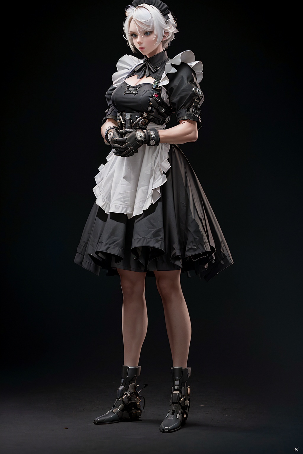 1girl,solo,(front view:1.5),looking_at_viewer,white hair,blue_eyes,hair_between_eyes,(full body:1.5),(full_shot:1.5),(standing:1.5),(clenched hands:1.5),(gloves:1.5),skirt,(maid:1.5),outdoors,park,<lora:kp_赛博朋克V1:0.8>, kp,cyborg,cyberpunk,, masterpiece, best quality, unity 8k wallpaper
