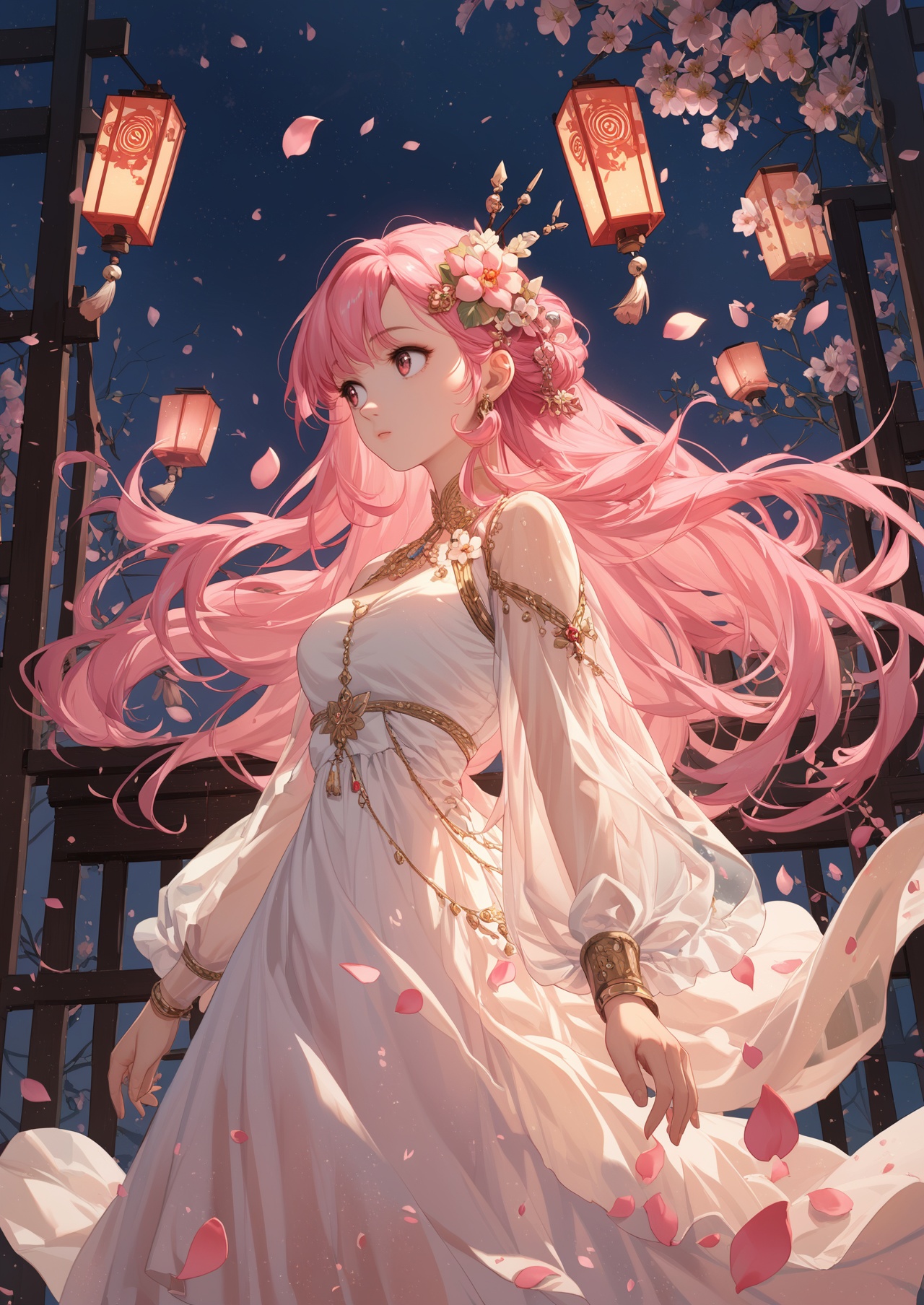 score_10,score_9,score_8_up,score_7_up,1girl,hair ornament,long hair,flower,pink hair,solo,dress,jewelry,night,lantern,petals,looking to the side,hair flower,see-through sleeves,looking_at_viewer,eye-contact,