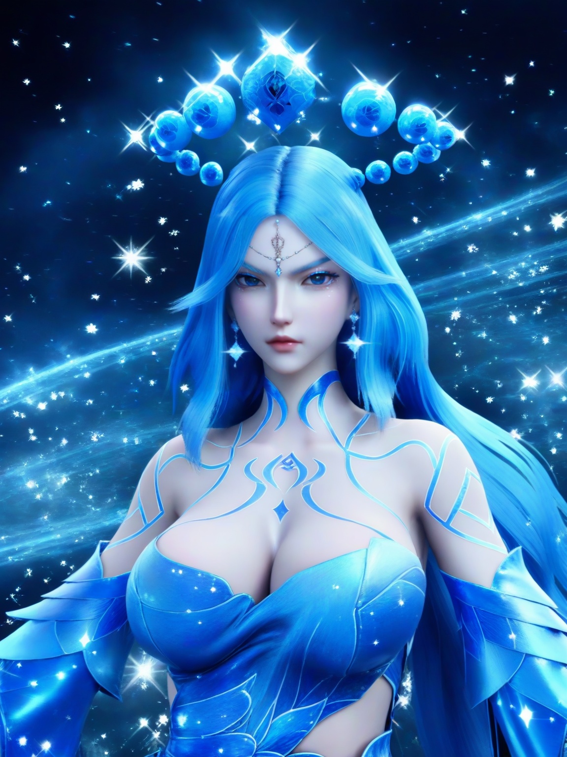 score_9,1girl,solo,dress,long hair,standing,forehead mark,forehead jewel,earrings,hair ornament,blue hair,detached sleeves,large breasts,sparkle,cleavage,standing,upper body,lipstick,looking at viewer,<lora:SF_LiShaoYing_Pony_Realism2.3-000004:0.7>,