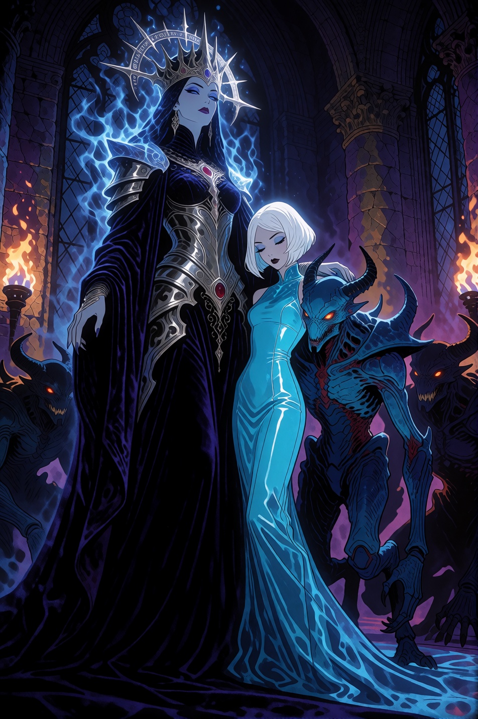 CartoonLadies style. A towering and commanding otherworldly queen anchors this elaborate dark fantasy composition,  her pr...