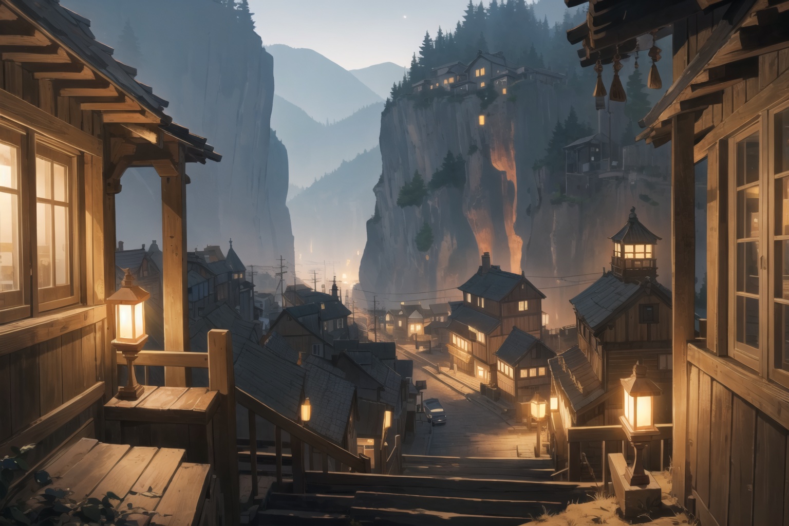 A quiet town located next to a cliff,  with wooden buildings and oil lamps,  a strange arrangement and a sense of mystery....