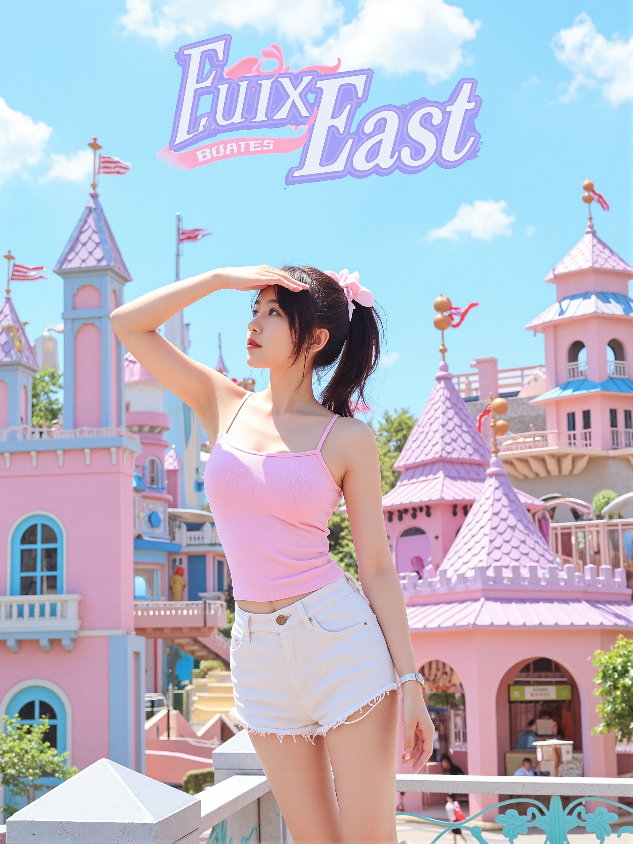 This is a highly clear and cartoon-style image. In the picture,there is a young female wearing a pink **** top and white denim shorts,with her hair tied up in a ponytail and adorned with a pink bow hair accessory. She is looking into the distance,with one hand placed on her forehead as if shielding the sunlight. The background features a whimsical amusement park filled with various colorful cartoon buildings and decorations,such as castles,trees,and street lamps.,There is a prominent artistic font above the picture,which reads' fluxEast 'in English,