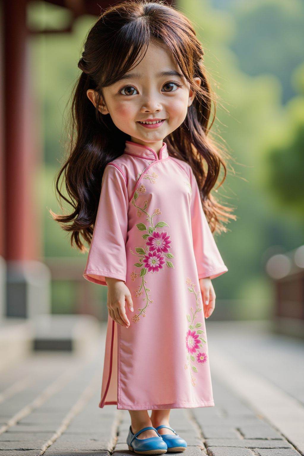 HDR photo of cinematic film still 1girl, solo, looking at viewer, smile, brown hair, dress, brown eyes, standing, full body, outdoors, blurry, pink dress, chinese clothes, floral print, china dress, blue footwear, realistic, photo background, chibi, . shallow depth of field, vignette, highly detailed, high budget, bokeh, cinemascope, moody, epic, gorgeous, film grain, grainy . High dynamic range, vivid, rich details, clear shadows and highlights, realistic, intense, enhanced contrast, highly detailed