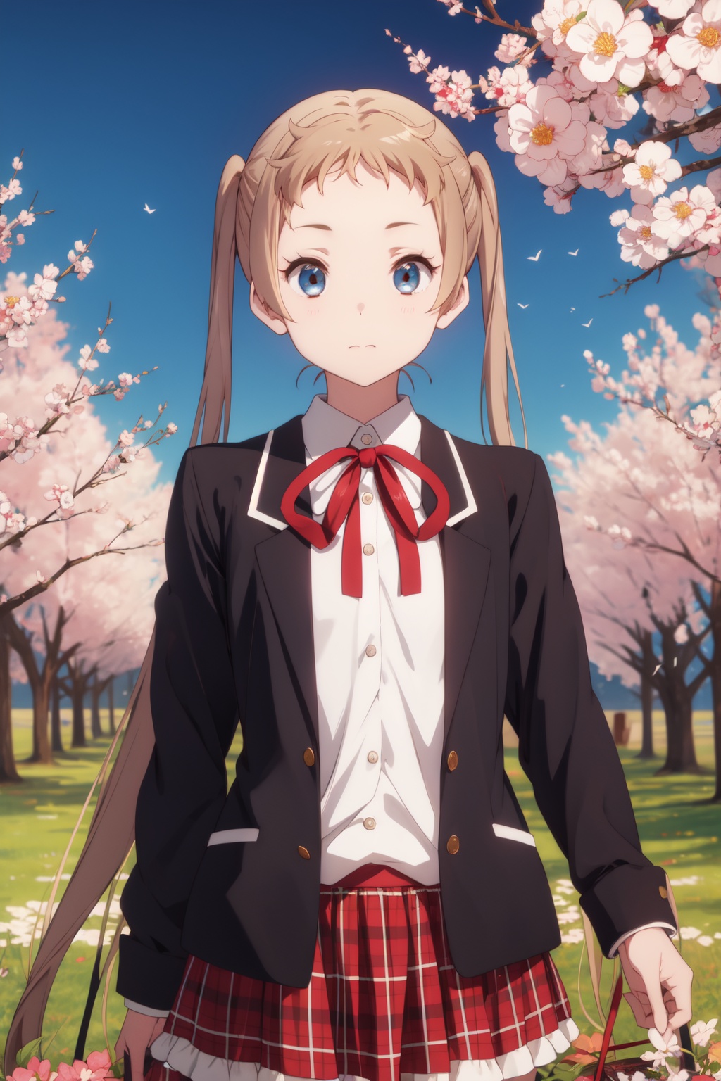 <lora:Sanae-000014:0.8>,Sanae CYQL,1girl,looking at viewer,solo,blonde hair,very long hair,long hair,twintails,brown hair,blue eyes,school uniform,ribbon,jacket,skirt,plaid skirt,plaid,smirk,upper_body,Orchard, Apples, Blossoms, Spring, Trees, Colors, Serenity, Harvest,(Bee balm, Coneflowers, Wild grasses, Beehives, Pollinators, Buzzing activity:0.5),beautiful detailed sky,beautiful detailed glow,posing in front of a colorful and dynamic background,masterpiece,best quality,beautiful and aesthetic,contrapposto,female focus,wallpaper,