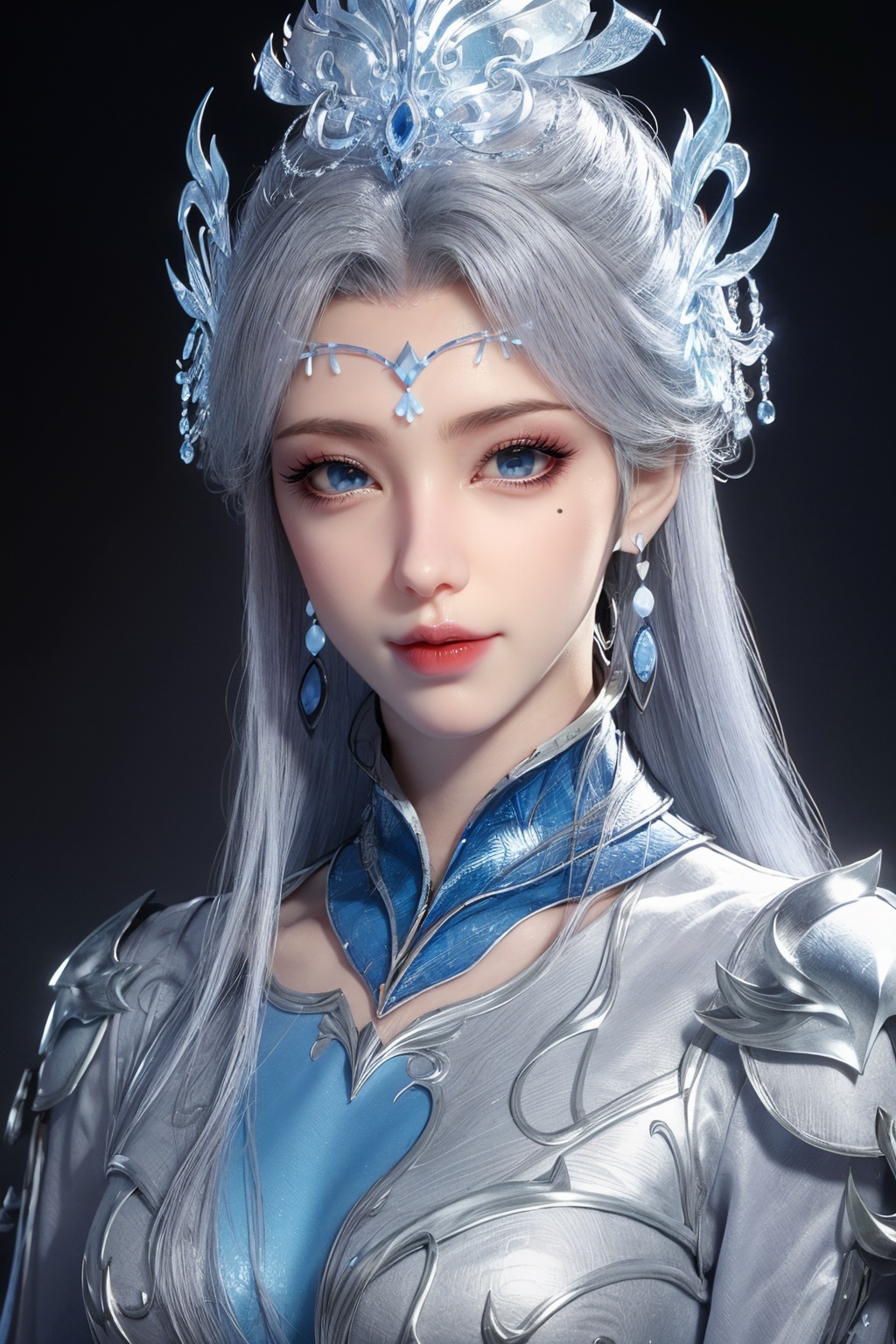 masterpiece,(best quality),official art,extremely detailed cg 8k wallpaper,(extremely delicate and beautiful),solo,realistic,photo_\(medium\),(portrait:1.2),1girl,solo,blue eyes,earrings,mole,white hair,armor,crown,mole under eye,<lora:yudie_v3.1:0.65>,