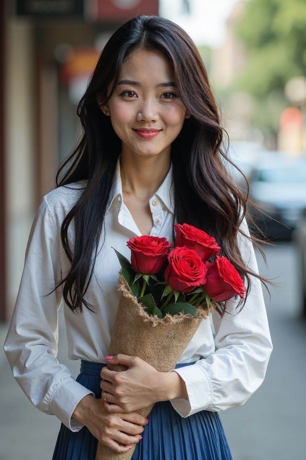 HDR photo of cinematic film still,  A photograph of a young Asian woman with fair skin and long,  wavy black hair. She is...