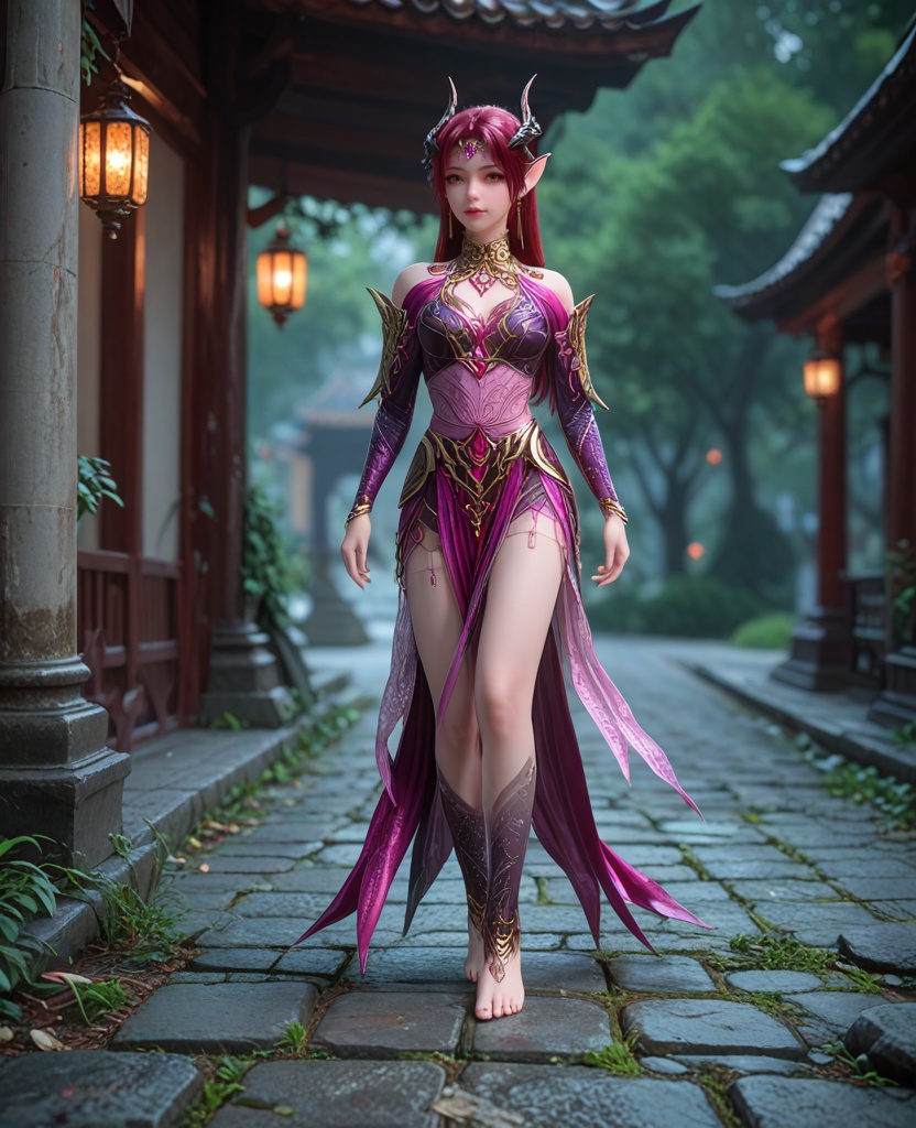(oriental architecture, elegant decor, sophisticated style:1.1),(walking:1.1),(breasts:1.2),<lora:XL百炼成神剑灵妖夜:0.9>,miss yaoye,long hair,jewelry,red hair,pointy ears,armor,earrings,horns,hair ornament,breasts,barefoot,socks,yellow eyes,lips,elf,, zPDXL2, score_9, score_8_up, score_7_up BREAK realistic, masterpiece,best quality, highly detailed,, zPDXL3, zPDXL2,zPDXL, zPDXLxxx, zPDXLrl,