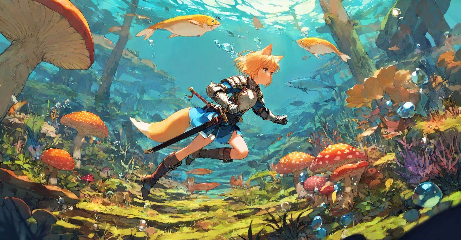 highres,extremely detailed 8k wallpaper,illustration,depth of field,great quality,masterpiece,best quality,amazing quality,very aesthetic,absurdres,Japanese fantasy style,artist:ciloranko BREAK<lora:Japanese fantasy style:0.8>, -Japanese fantasy style, 1girl, bubble, air bubble, animal ears, underwater, weapon, sword, fish, solo, short hair, blonde hair, sheath, fantasy, swimming, armor, gauntlets, boots, nature, gloves, mushroom, fox ears