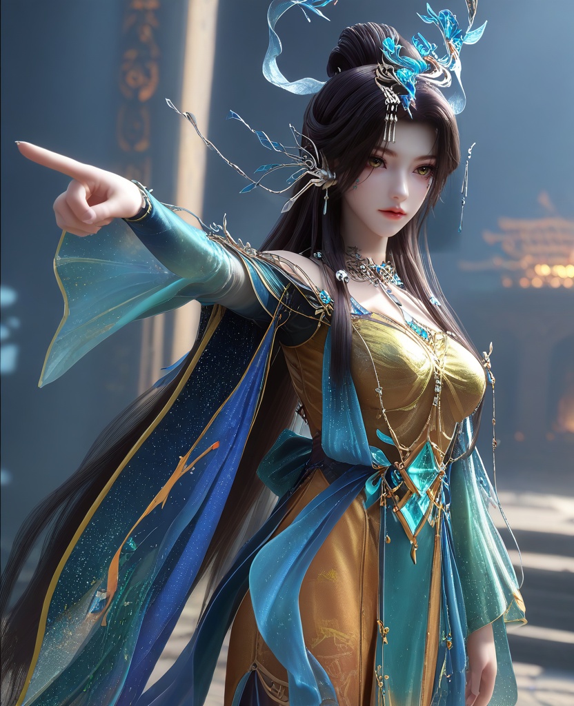 (pointing:1.1),(large breasts:1.2),<lora:XL16云深不知梦羲和风华服:0.95>,miss xihe,orange dress with blue train,yellow eyes,facial mark,black hair,absurdly long hair,traditional chinese updo with long front strands,hair ornament,jewelry,sash,blue sheer overskirt,cerulean wide flowing sleeves,, score_9,score_8_up,score_7_up,score_6_up,score_5_up,score_4_up,3d rendering,tag1,tag2, Cinematic Lighting,backlighting,