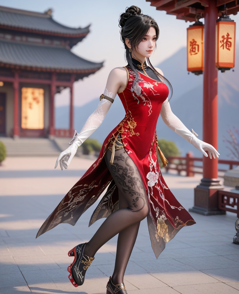 (oriental architecture, elegant decor, sophisticated style:1.1),(roller skating moves:1.1),(breasts:1.2),<lora:XL16永劫无间顾清寒皮肤冰凌:0.95>,miss guqinghan,red china dress,brown eyes,black hair,single updo with long front strands,white elbow gloves,black pantyhose with floral embroidery,side slit,, score_9,score_8_up,score_7_up,score_6_up,score_5_up,score_4_up,3d rendering,tag1,tag2, Cinematic Lighting,backlighting,